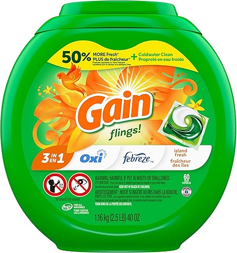 Miniatura 12 de Gain Flings - Paquete de detergente para ropa, 60 unidades, aroma Island Fresh, con defensa del olor, paquetes de jabón concentrado para ropa