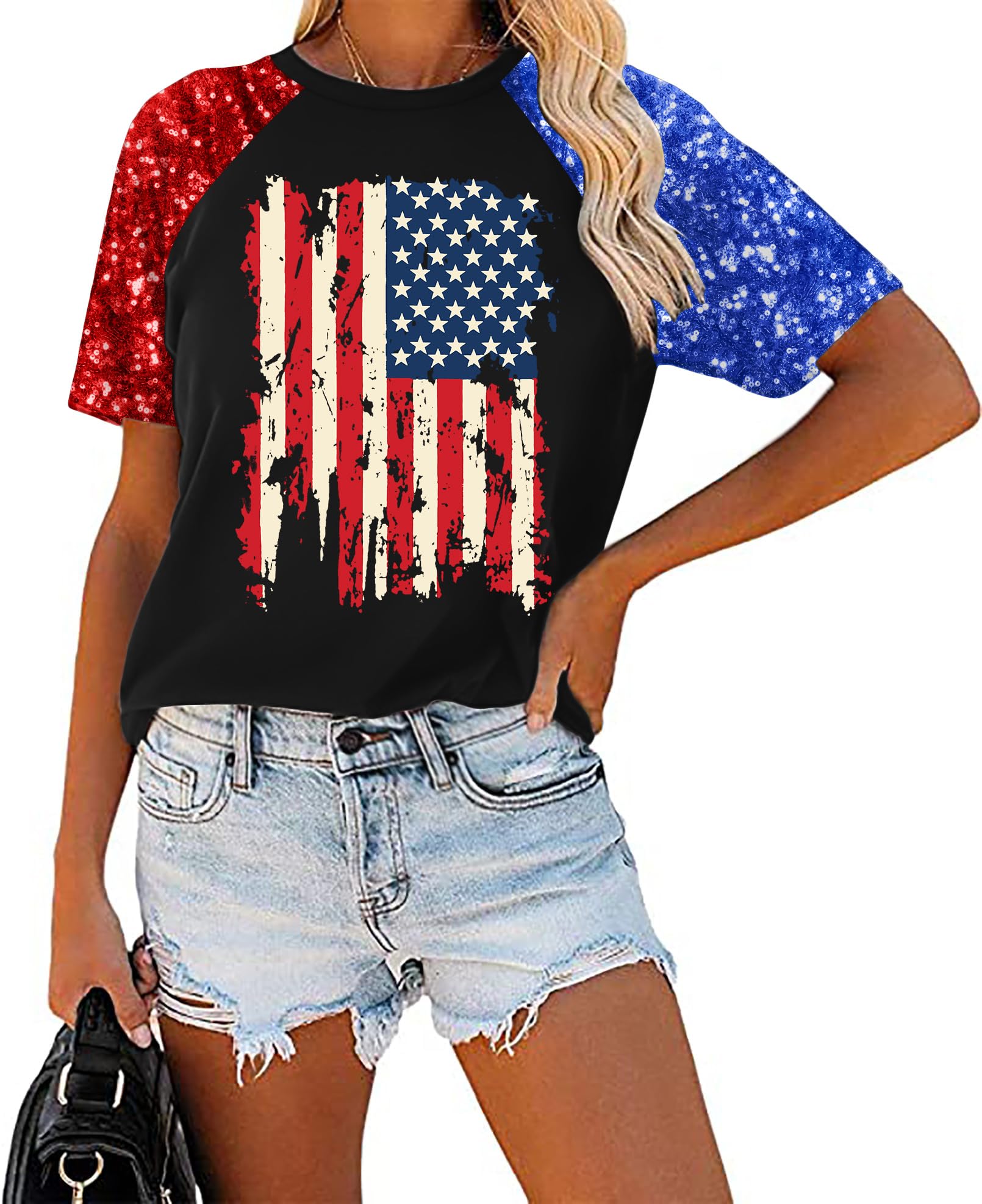 ELDPS USA Shirts for Women: American Flag Sequin T-Shirt 4th of July Patriotic Bling Short Sleeve Tee Shirt