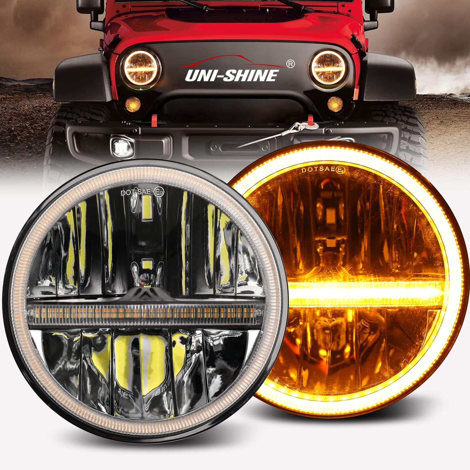 UNI-SHINE 7 inch led headlight, 7" round LED Headlights H6024 led Headlight White Halo Headlight Running Amber Turn Signal Seal Beam Compatible with Jeep Wrangler JK TJ JL CJ