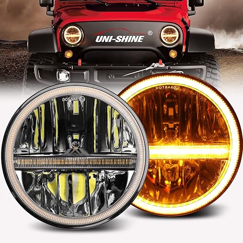 UNI-SHINE Faro LED de 7 pulgadas, faros delanteros LED redondos de 7 pulgadas, H6024, faros delanteros LED blancos con halo para correr, ámbar,
