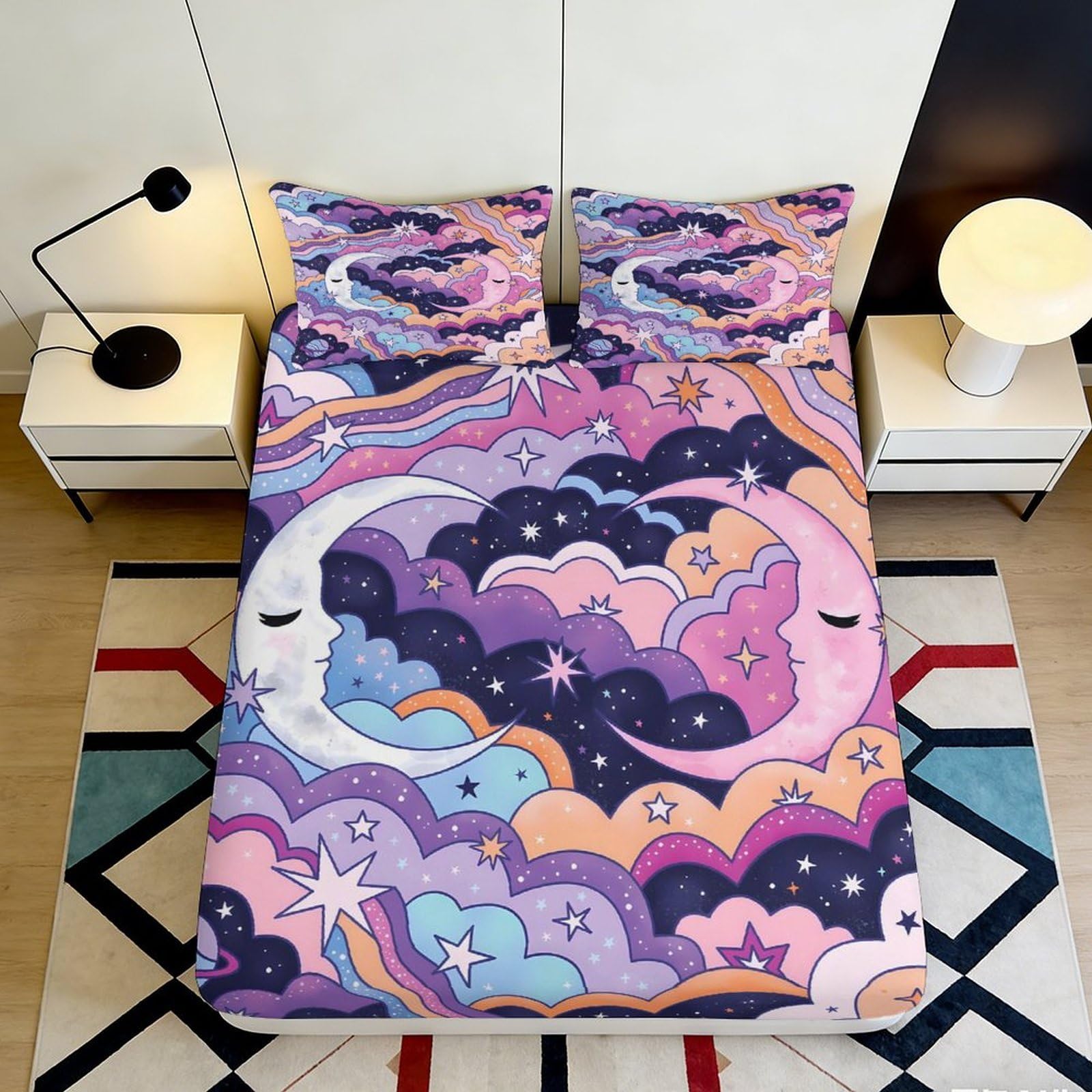3D Printed Dreamy Moon Fitted Sheet Microfiber Soft Pastel Cloud Mattress Cover for Bedroom Dorm Decor 90x200x25cm