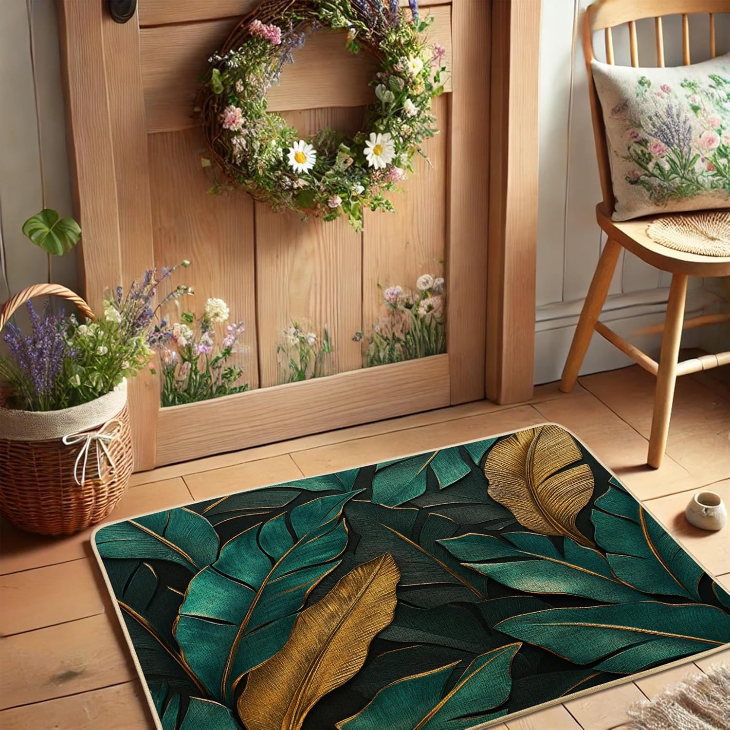 Tropical Leaf Doormat, Green and Gold Door Mat for Outdoor & Indoor Entrance Modern Decor, Rubber Waterproof Non-Slip Dust Absorbent Front Doormat, Easy Clean 29x17 Inch
