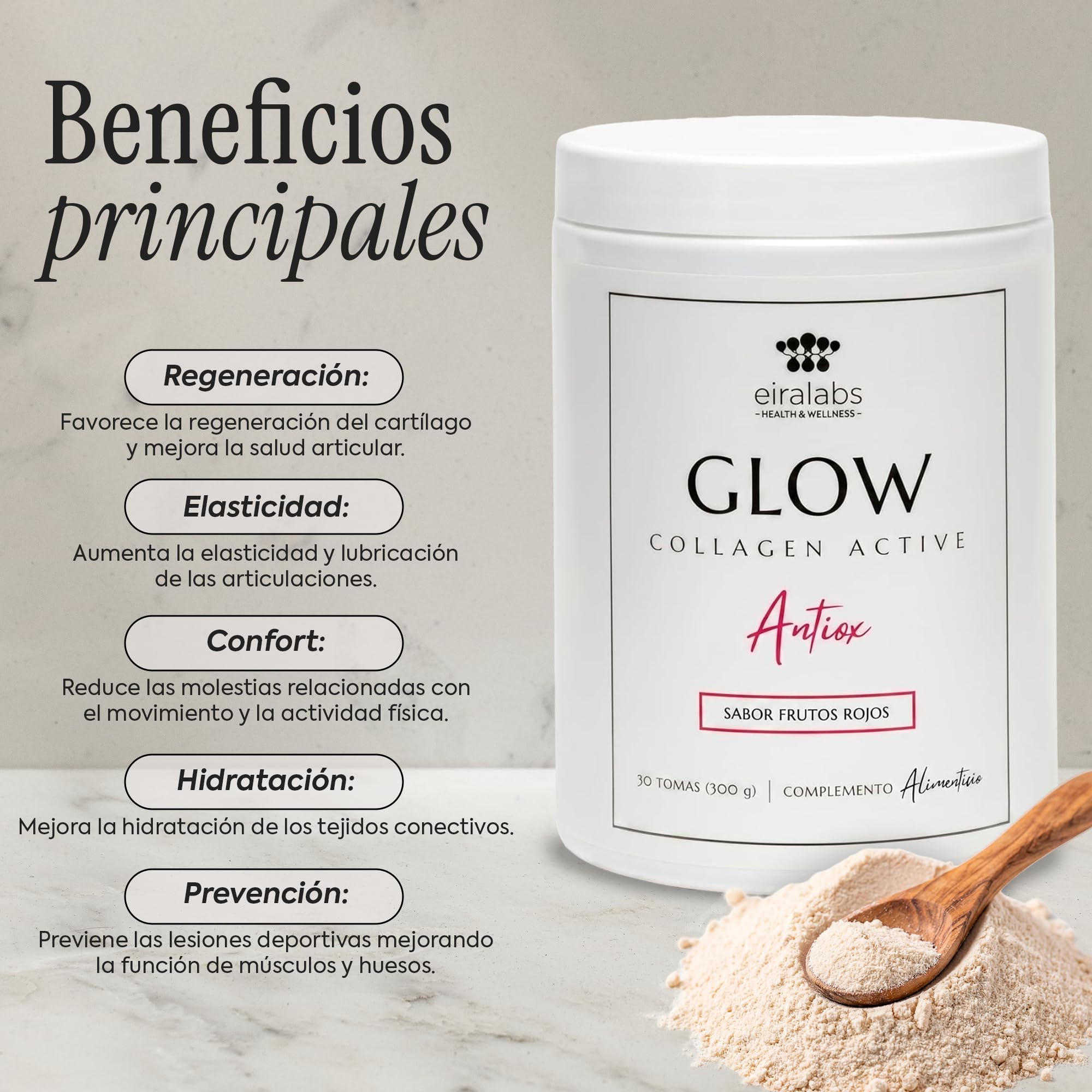 Glow Colágeno Hidrolizado Marino con Ácido Hialurónico, Vitamina C y Zinc, 300 gr de Colágeno en Polvo, Piel más Saludable y Firme, Hidratación De Rápida AbsorciónSabor Frutos Rojos