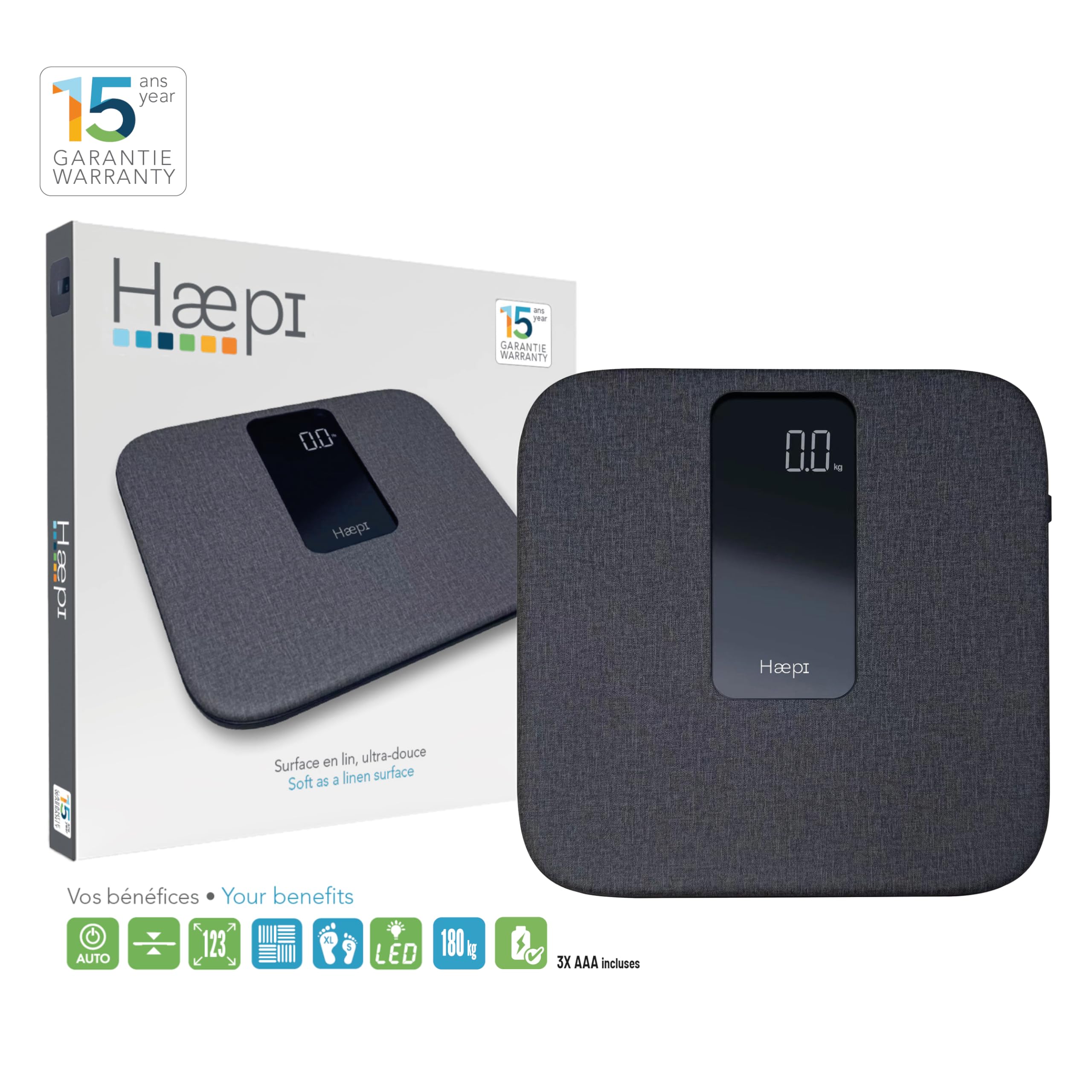 Haepi- Pèse Personnes Electronique En Lin Ultra-Doux Avec Grand Plateau, Grand Ecran- Surface En Lin Très Douce- Design Et Précis- Capacité Maximale De 180kg- Piles Incluses- Garantie 15 Ans