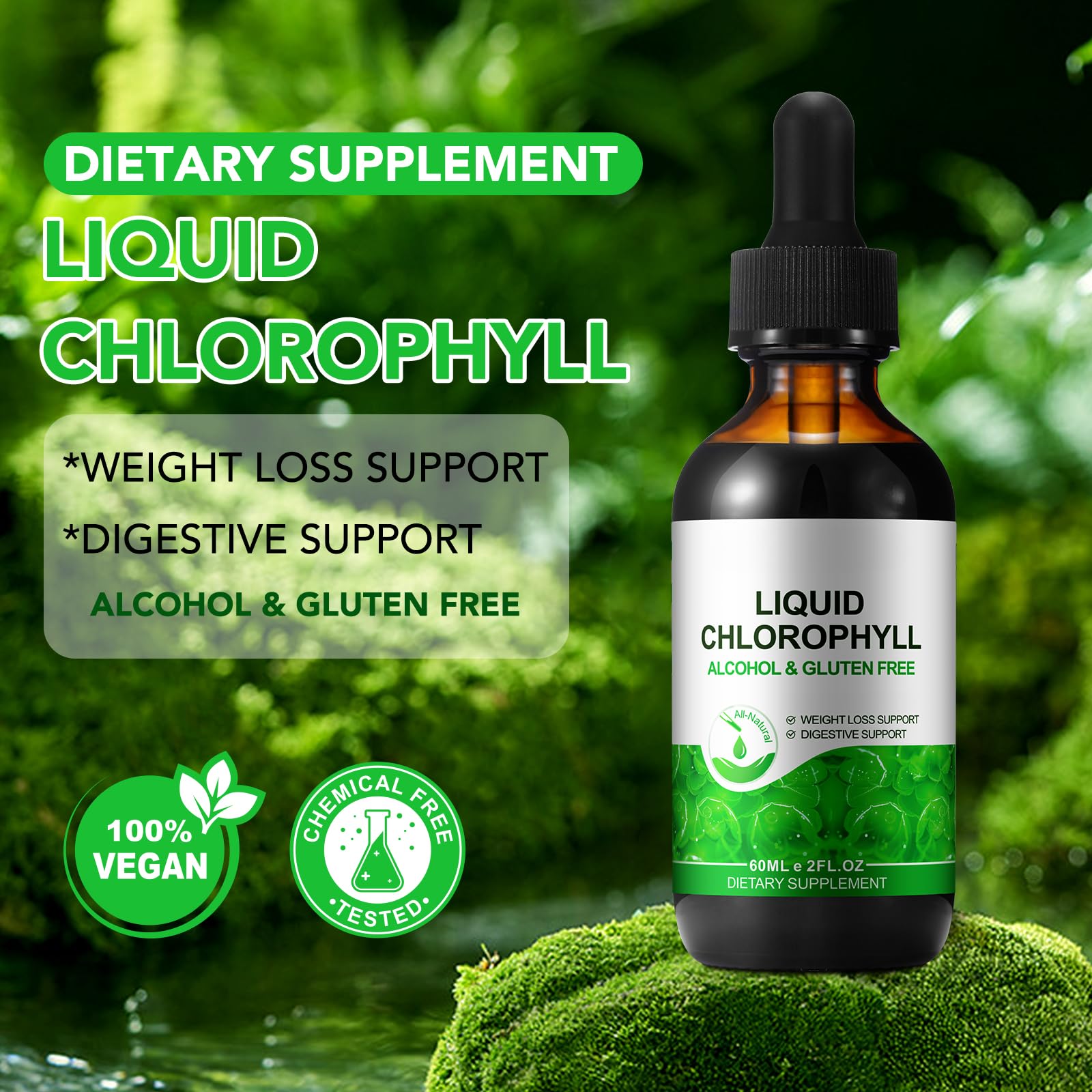 Chlorophyll Liquid Drops 60ml, 100% Natural Organic Liquid Chlorophyll Drops for Body Odor Balance,Fresh Breath, Digestion, Gut Health, Energy, Body Freshness, Peppermint Flavored Fast Absorption — Amazon image 2