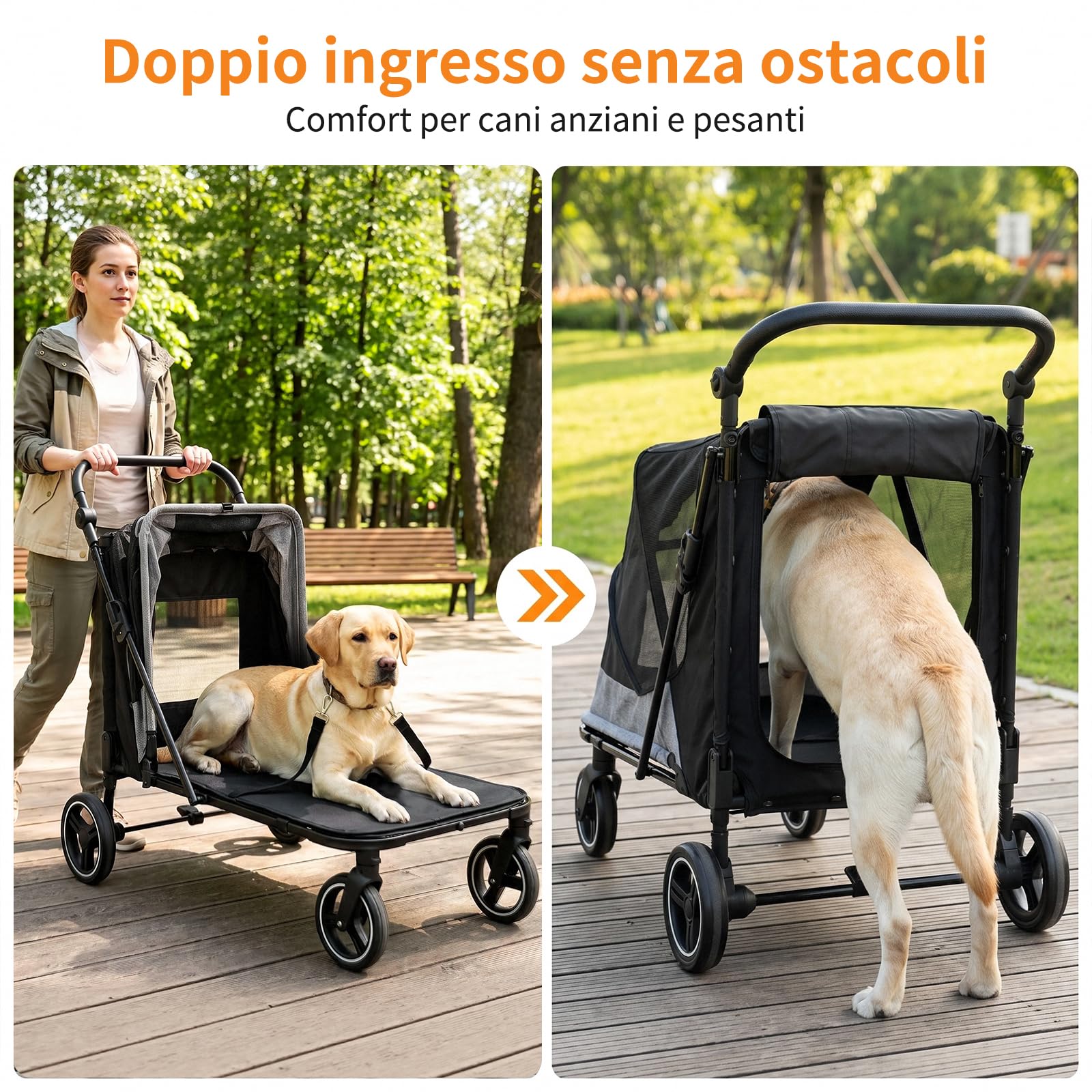 MAMIZO Passeggino per Cani Pieghevole, Carrello per cani gatti fino a 30kg | Passeggino con 2 ingressi, Finestre a rete, Lucernario, tasca posteriore, Manico regolabile,4 PCS ruote, cani media e grande