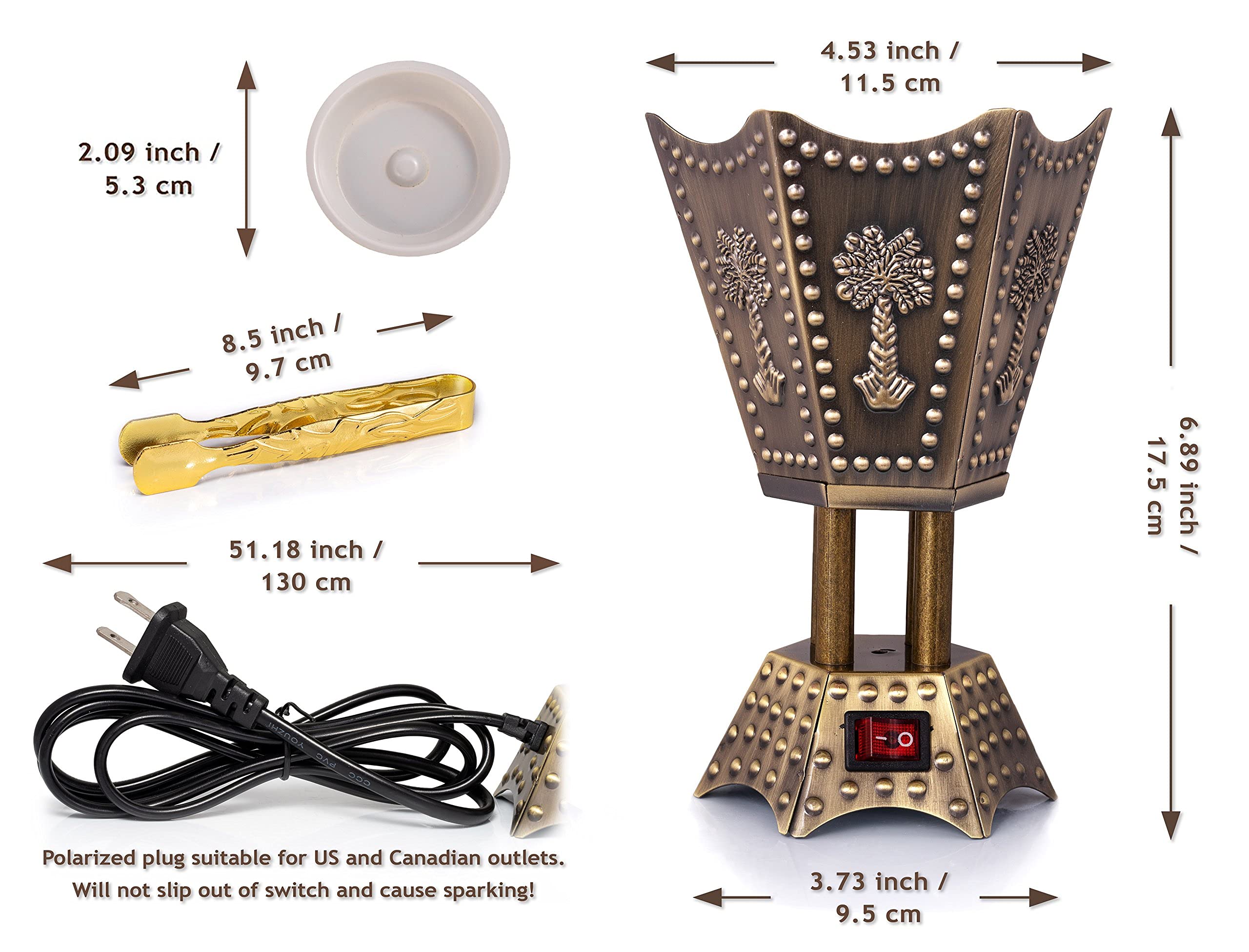 AM Bakhoor Electric Incense Burner - Oud Frankincense Resin Burner 6.5 Inches Tall (Hexagon) (Bronze)