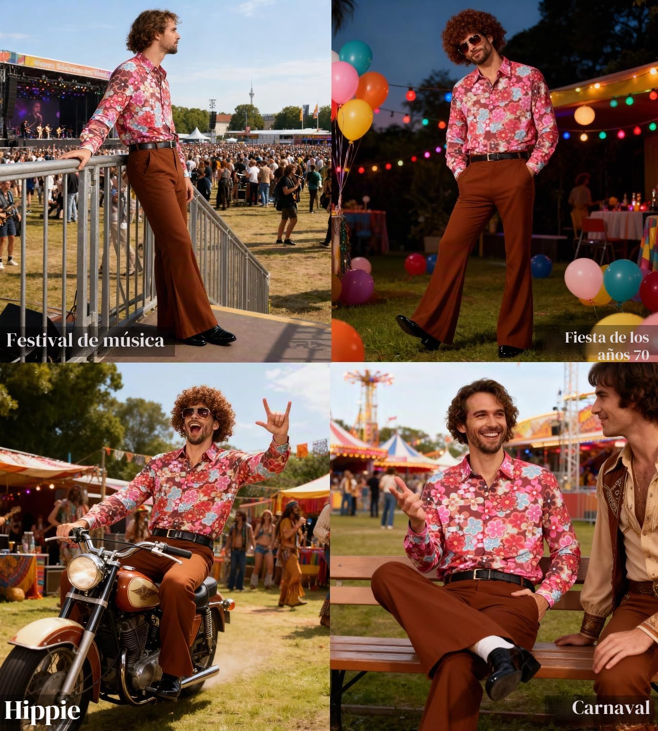 Disfraz de discoteca de los años 70, juego hippie para hombre con pantalones de bateo, camisa de los años 80, disfraz de carnaval para 50s, 60s, 70s, cosplay, fiesta de Halloween