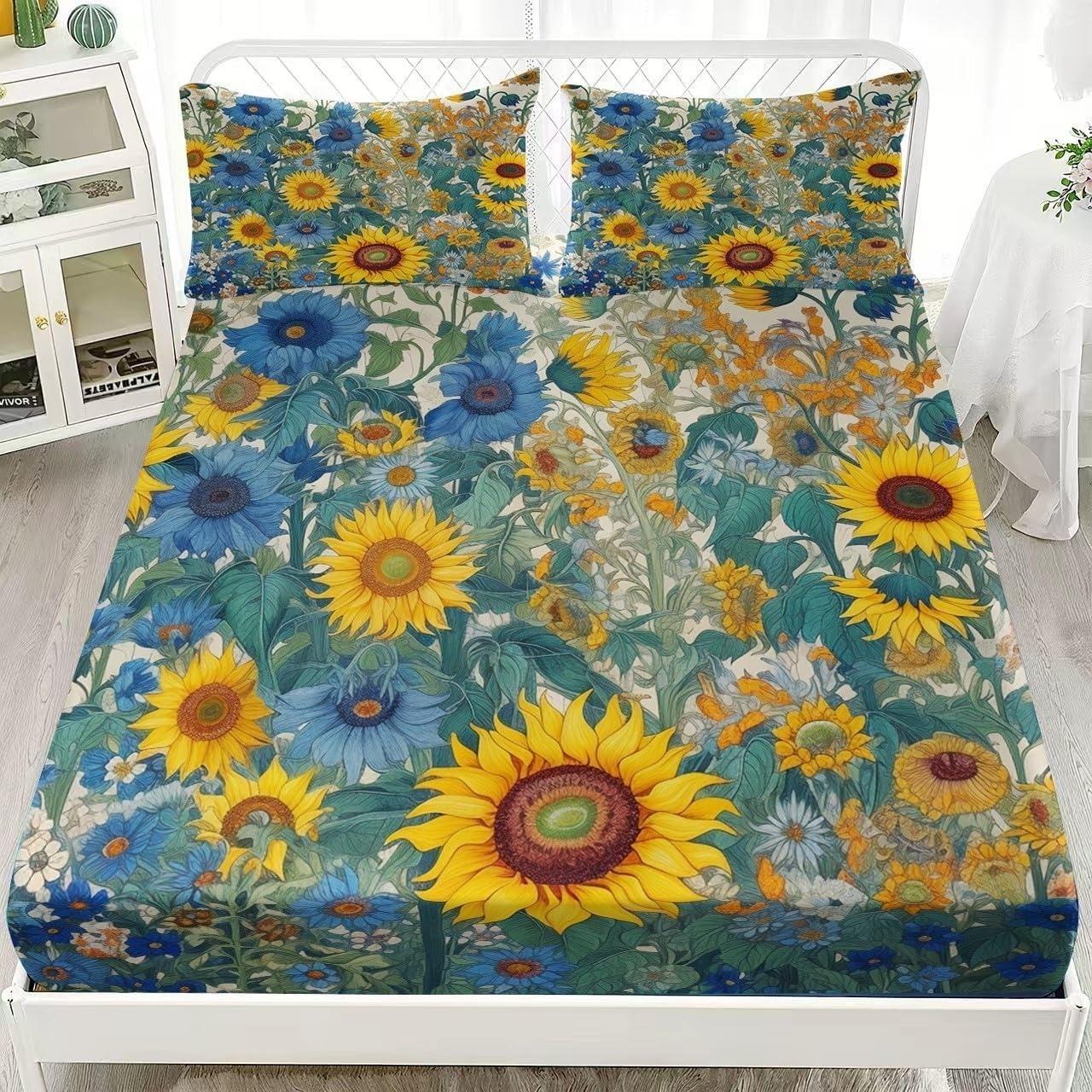 Sunflower Single Fitted Sheet Wildflowers And Butterflies Bed Sheets Deep Pocket 12 inch (30 cm) Soft Cozy 3 Piece Microfibre Bed Sheet 90x190 cm with 2 Pillowcases 50x75 cm
