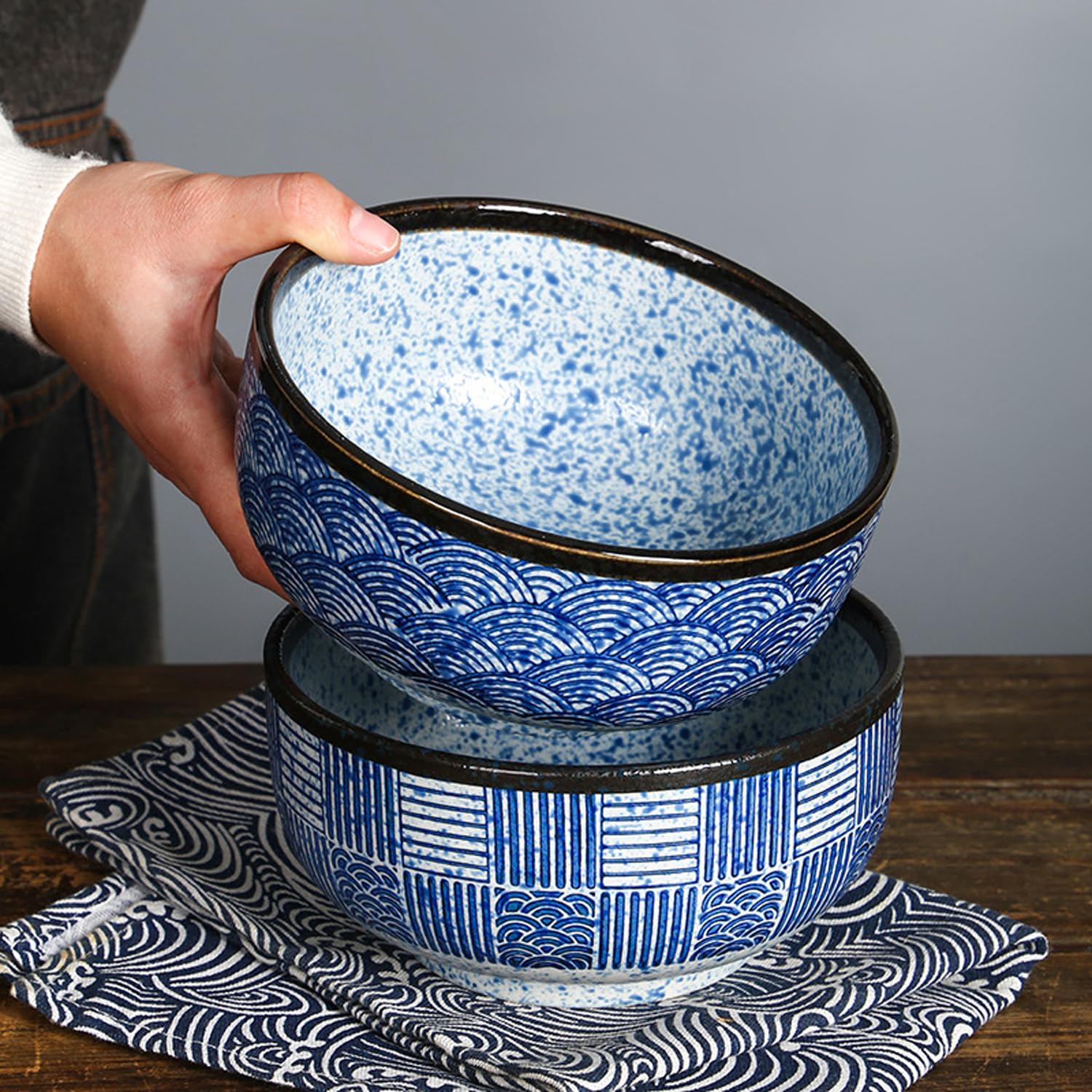 Japanse Ramen Bowl Grote Soepkom met Deksel Lepel, Vintage Keramische Ramen Bowl, Salade Kommen, Instant Noodle Bowl - 900 ml (Waterrimpel set van 2