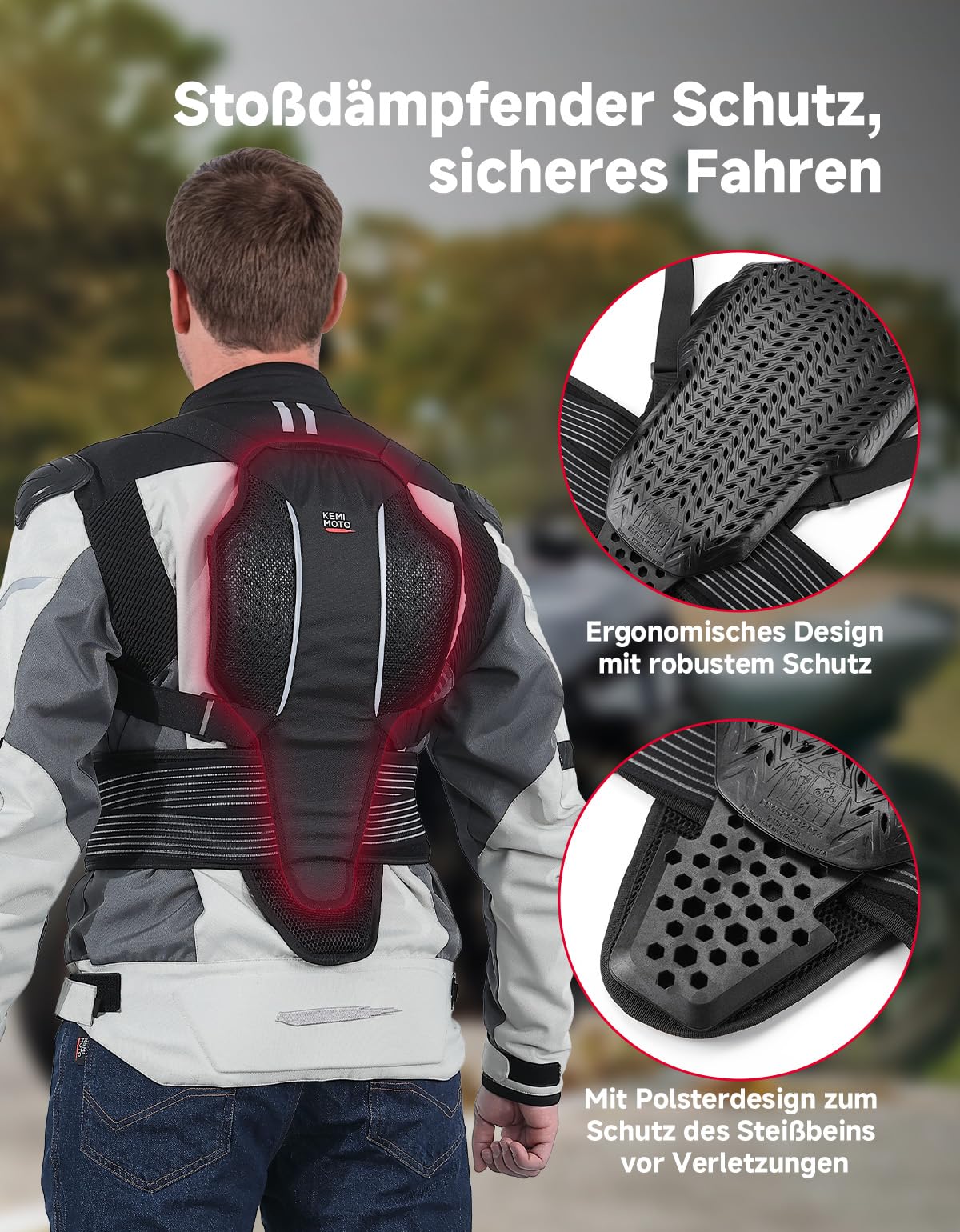 KEMIMOTO Motorrad Rückenprotektor, CE-2-zertifizierter, Umschnall-Rückenschutz, Rutschfestes und Leichtes Design, Unisex, für alle Jahreszeiten Geeignet, Verschiedene Outdoor-Aktivitäten