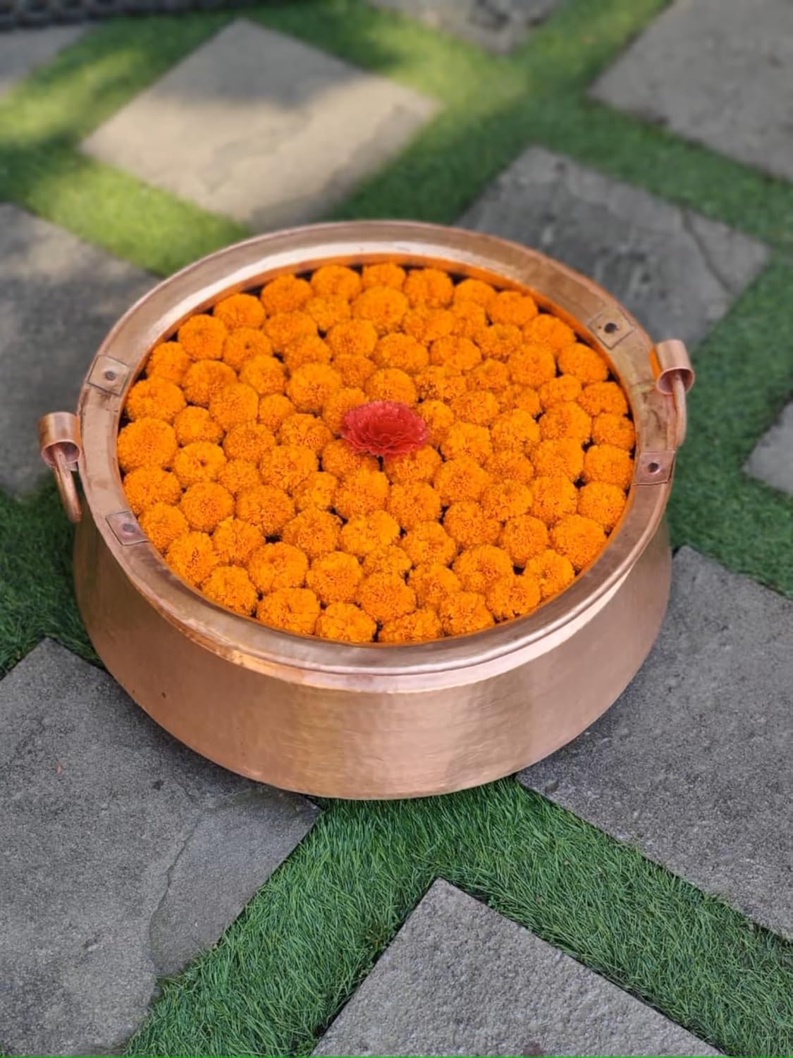 QT Handcarved Pure Copper Nepali Khadkulo – 9 IN Traditional Copper Bowl for Water & Flowers Display, Pooja Pray Arti | Traditional Water Purifying Bowl Handmade In Nepal