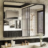 Vista 16 de ISKM Espejo con marco negro para pared de 20 x 16 pulgadas, espejo de tocador de baño antioxidante, vidrio templado, espejo rectangular redondeado