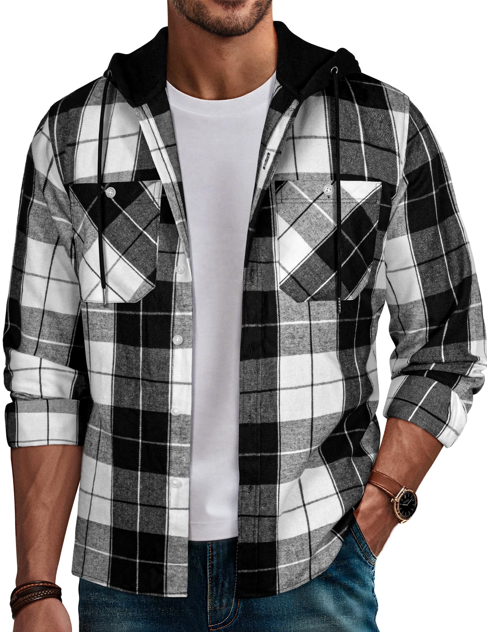 PJ PAUL JONES Men's Flannel Shirt Plaid Hoodie Casual Shirt Long Sleeve Lightweight Shirt Jackets