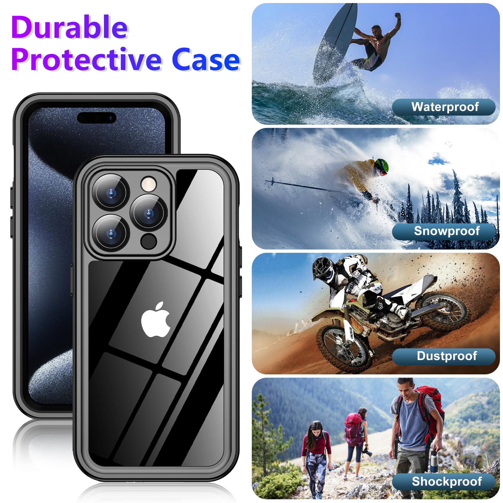 Funda Impermeable para iPhone 15 Pro, de Grado Militar, a Prueba de Golpes, Protector de cámara de Vidrio y Protector de Pantalla Integrado, IP68 bajo el Agua, a Prueba de Polvo, a Prueba de caídas
