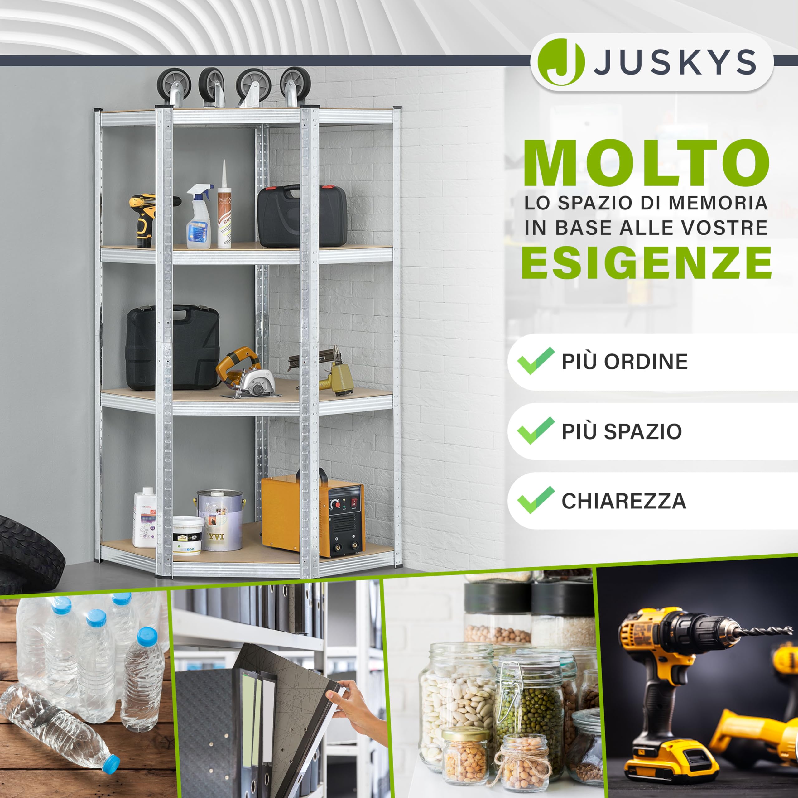 Juskys Scaffale angolo Corner Easy 160 x 75 x 40-75 cm | 320 kg | 4 ripiani in legno MDF | Metallo zincato | Scaffale per carichi pesanti e cantine