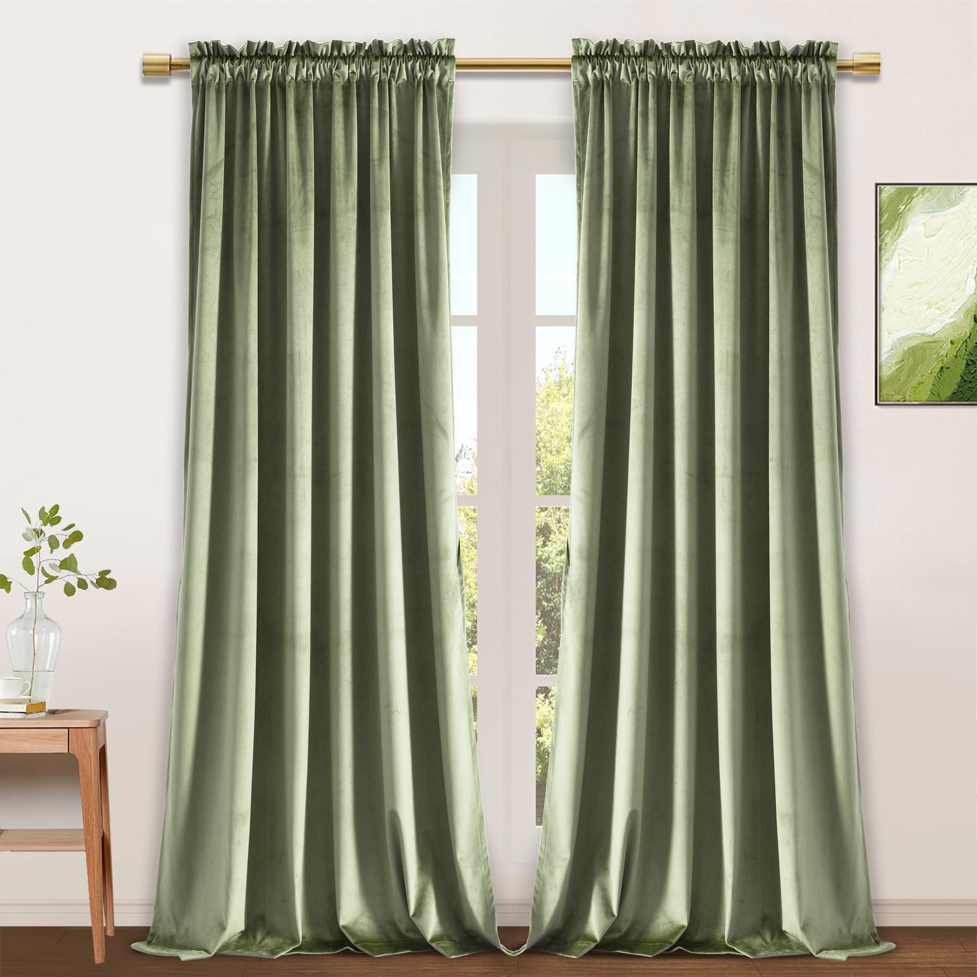JIUZHEN Sage Green Velvet Blackout Curtains for Bedroom Thermal Insulated Room Darkening Drapes for Windows/Nursery/Kitchen, Set of 2 Panels with