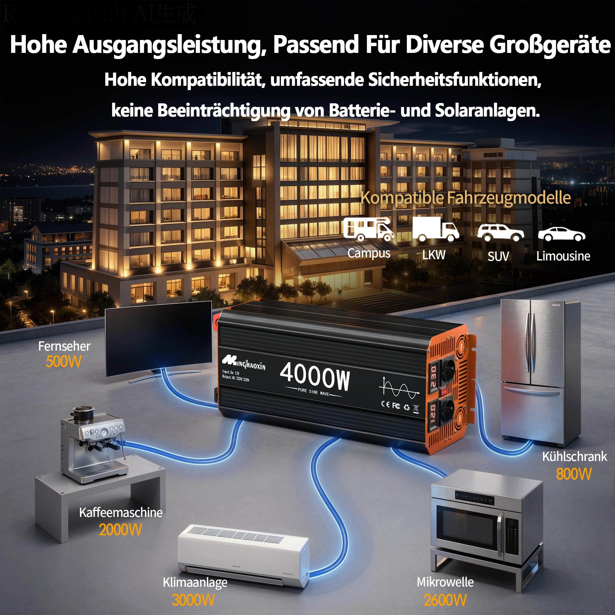 4000W Wechselrichter Reiner Sinus 12V auf 230V KFZ Spannungswandler mit LED AC Steckdosen, Solar Power Inverter für LKW, Haus, Fahrzeuge, Reise 8000W Peak KFZ Konverter