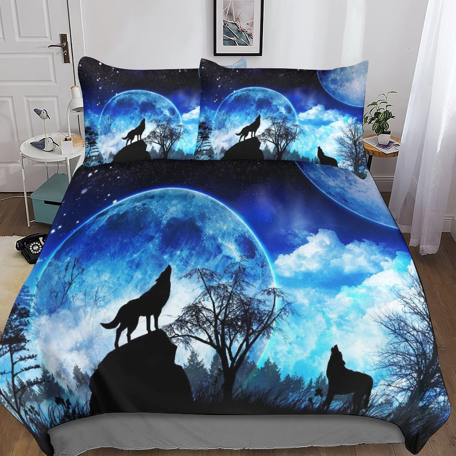 Housse de couette loup 200x200 anti-glisse avec zip, parure lit double microfibre