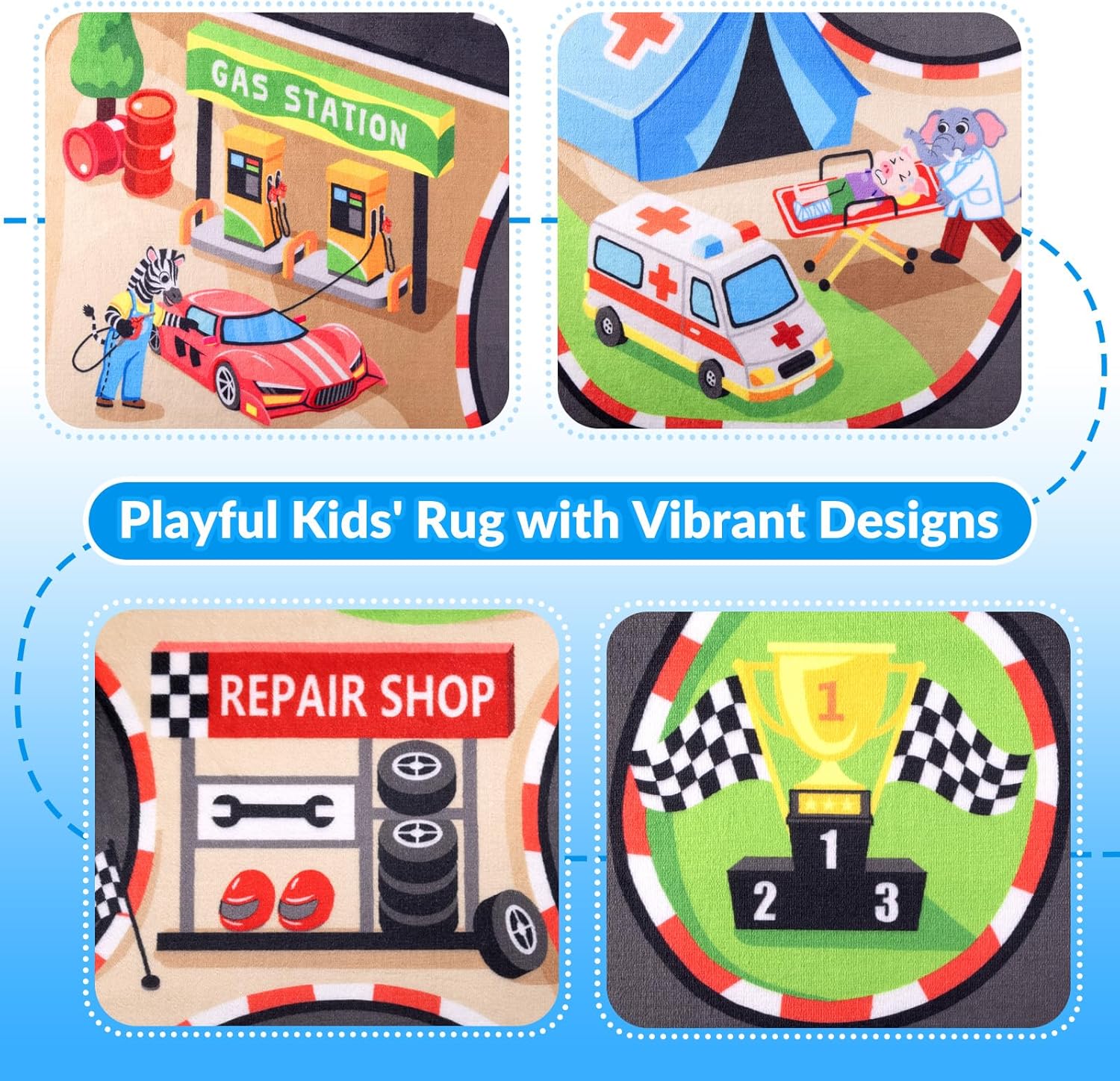 Kids Rug, Race Track Baby Play Mats, 3x5 FT Race Car Rug with 3D Cascading Surround Route, Soft & Non-Slip, Machine Washable Race Road Carpet for Kids Room, Boys Room, and Playroom