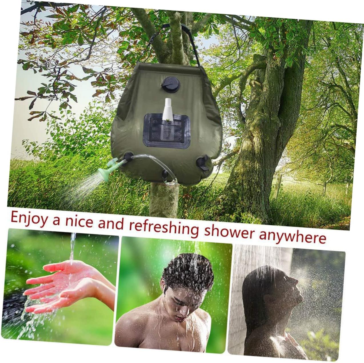 Solar Camping Shower Bag Outdoor Water Storage with Shower Nozzle for Hiking Beach Swimming Travel Portable with Temperature Display Olive Green