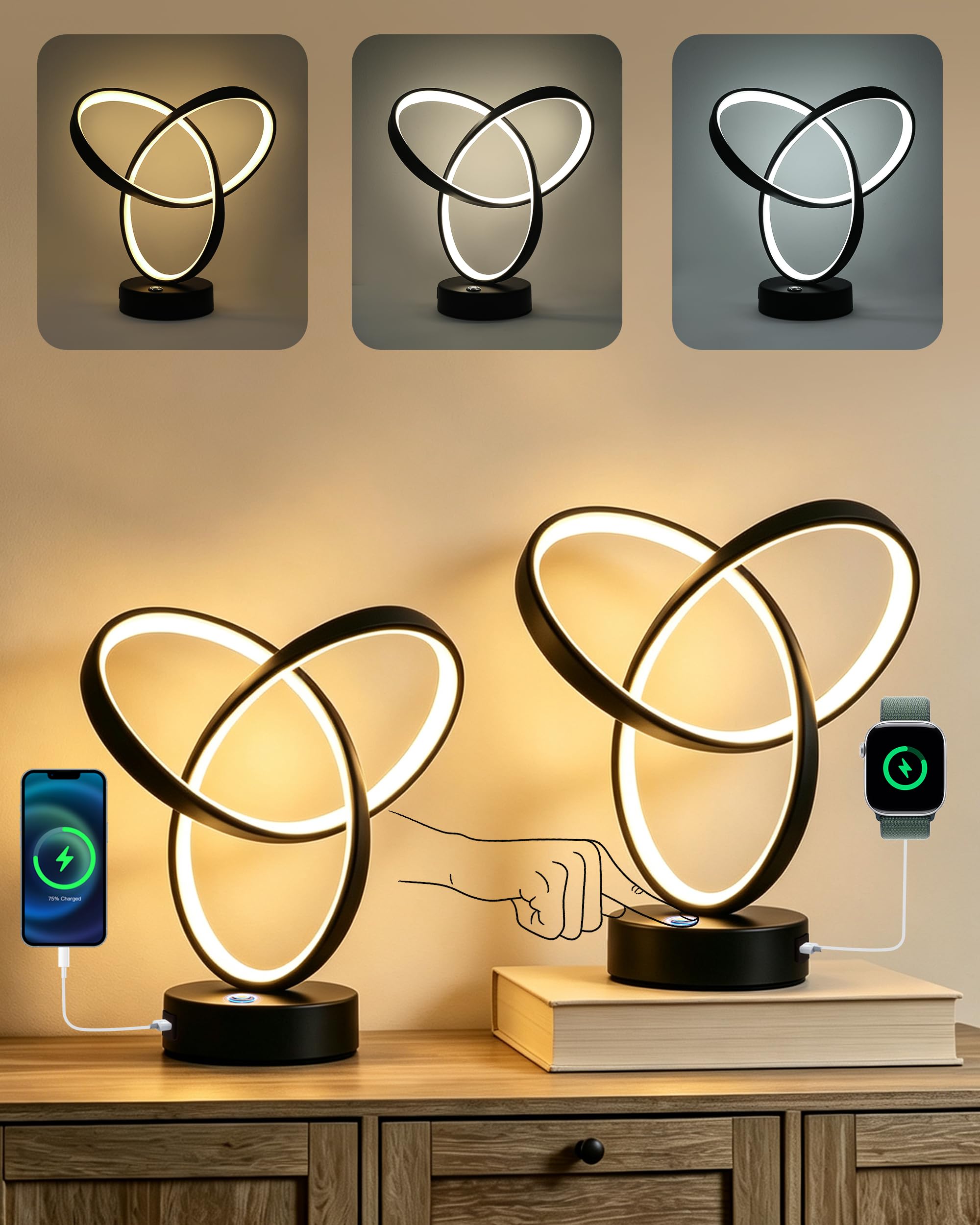 Bedside Lamps Set of 2,Table lamps for Living room Bedroom Studies Offices Restaurant,Bedside Lamp with USB charging ports,11 inch Three level Dimmable Touch Lamps Bedside(With UK-standard 3-pin plug)
