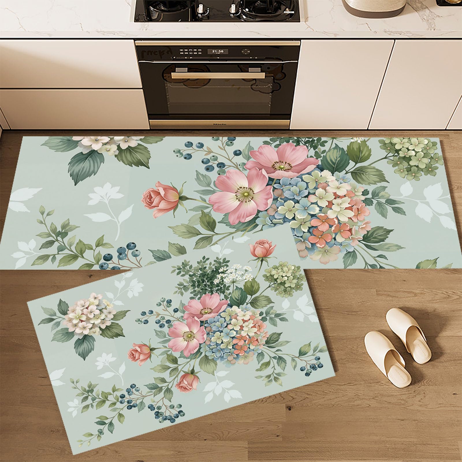 Tapetes de cocina antideslizantes con amortiguación ergonómica y estampado de hortensias
