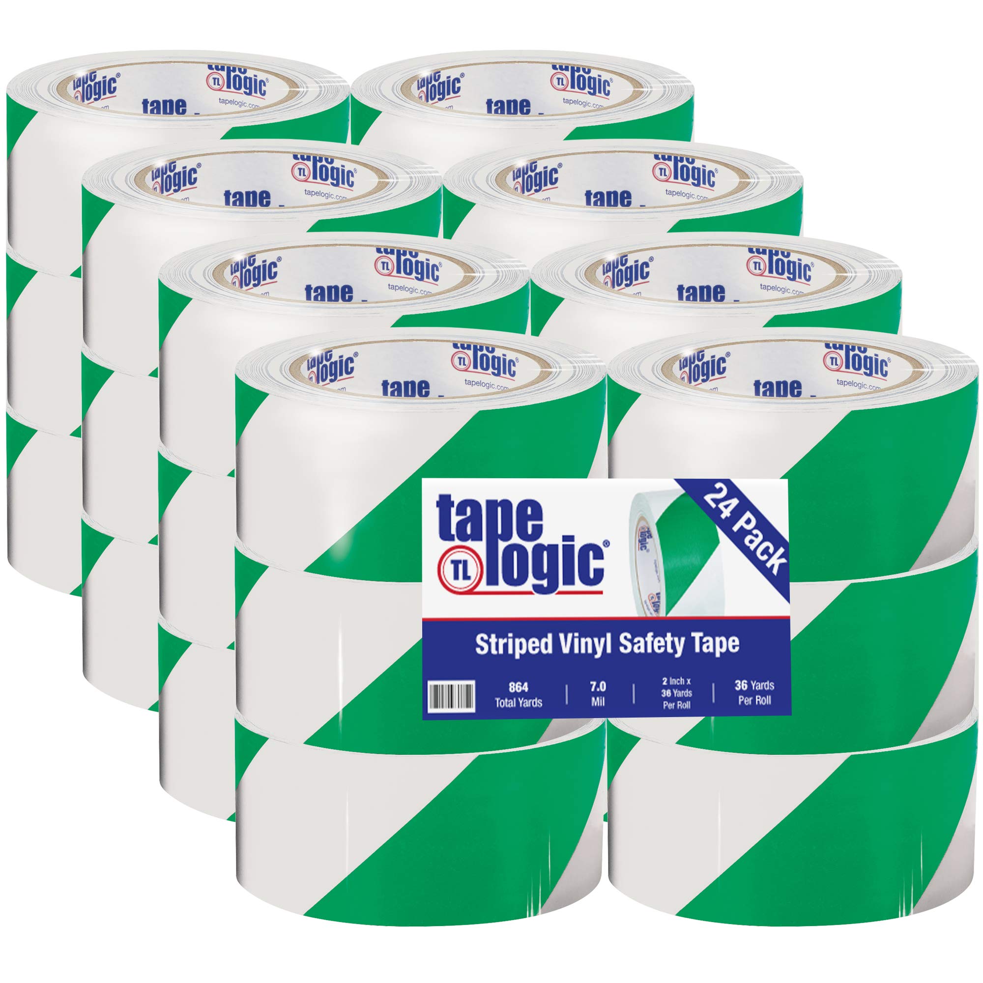 Aviditi Tape Logic Multipurpose Striped Vinyl Safety Tape, (Bulk Pack of 24) 2 Inch x 36 Yards, Green/White, Heavy-Duty 7 Mil Thick - Moisture/Grease
