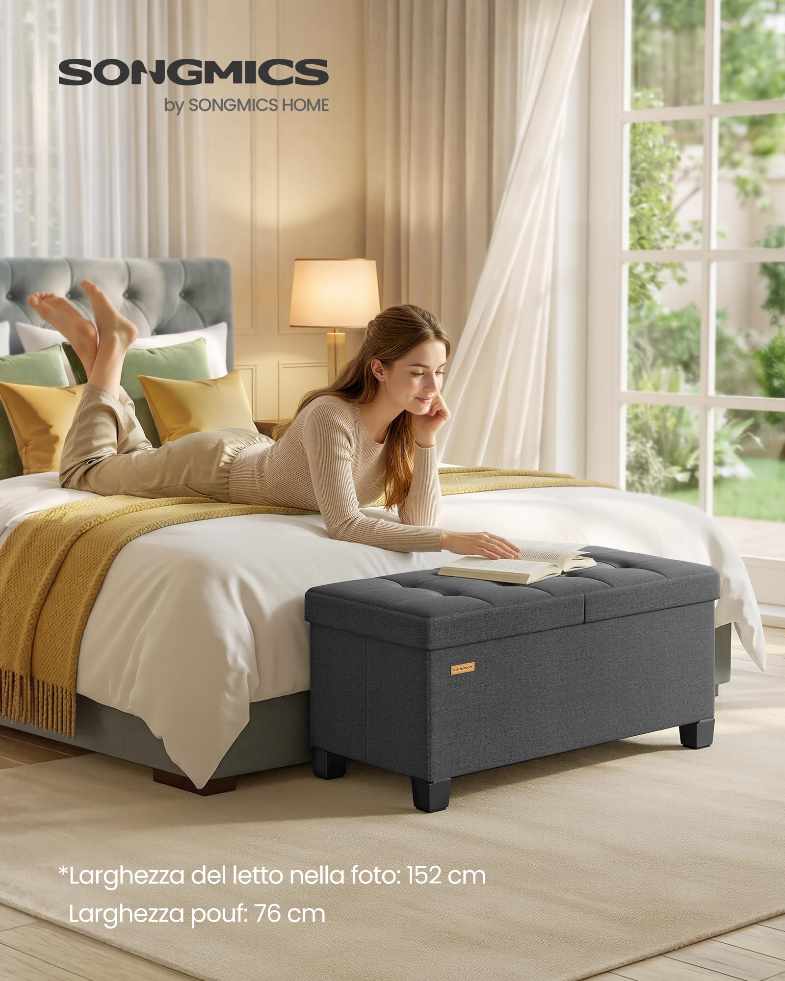 SONGMICS Cassapanca con Gambe, Pouf Contenitore Pieghevole con Coperchio Ribaltabile, Piedi Letto, Soggiorno Camera da Letto Ingresso, Tessuto Effetto Lino, 76 cm, Grigio Ardesia LSF049GN01