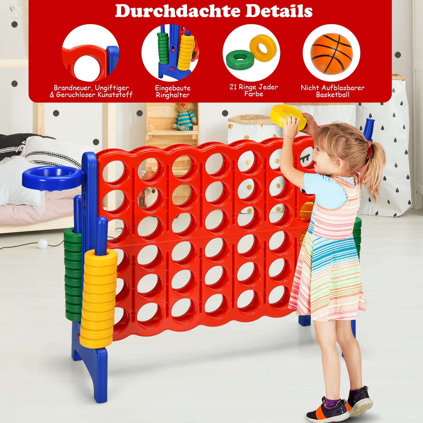 GOPLUS Riesiges 4 Gewinnt Spiel, Strategiespiel mit 42 Ringen, Basketballkorb & Wurfspiel & Schnellspannhebel, 4 in Einer Reihe für Kinder & Erwachsene (Rot + Blau)