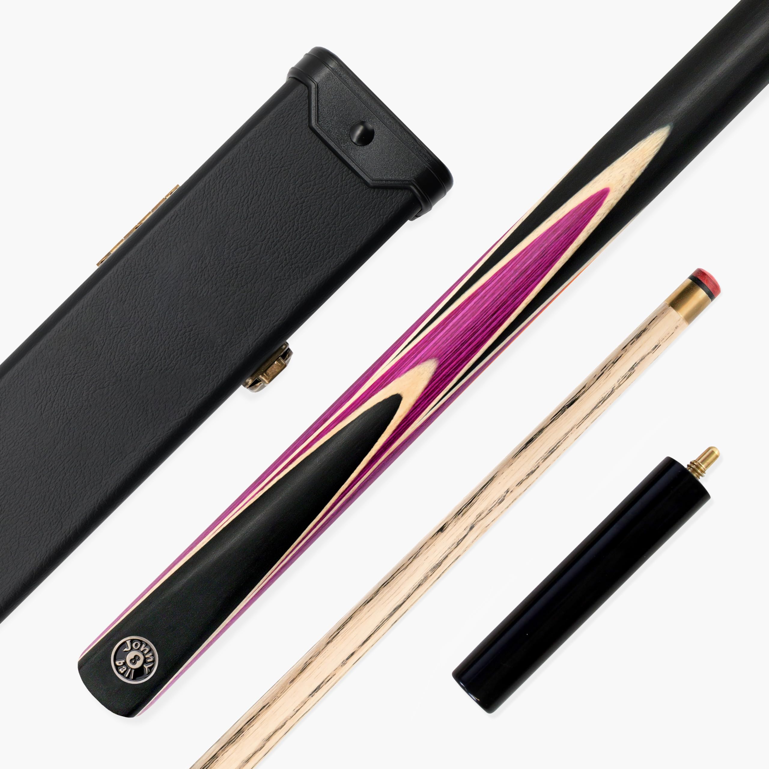 Jonny 8 Ball SNIPER 57 Inch ¾ Jointed English Pool Cue and Case Set 8mm Pro Leather Tip with Black Hard Plastic Ends Case and 6 Inch Mini Butt Extension (Purple)