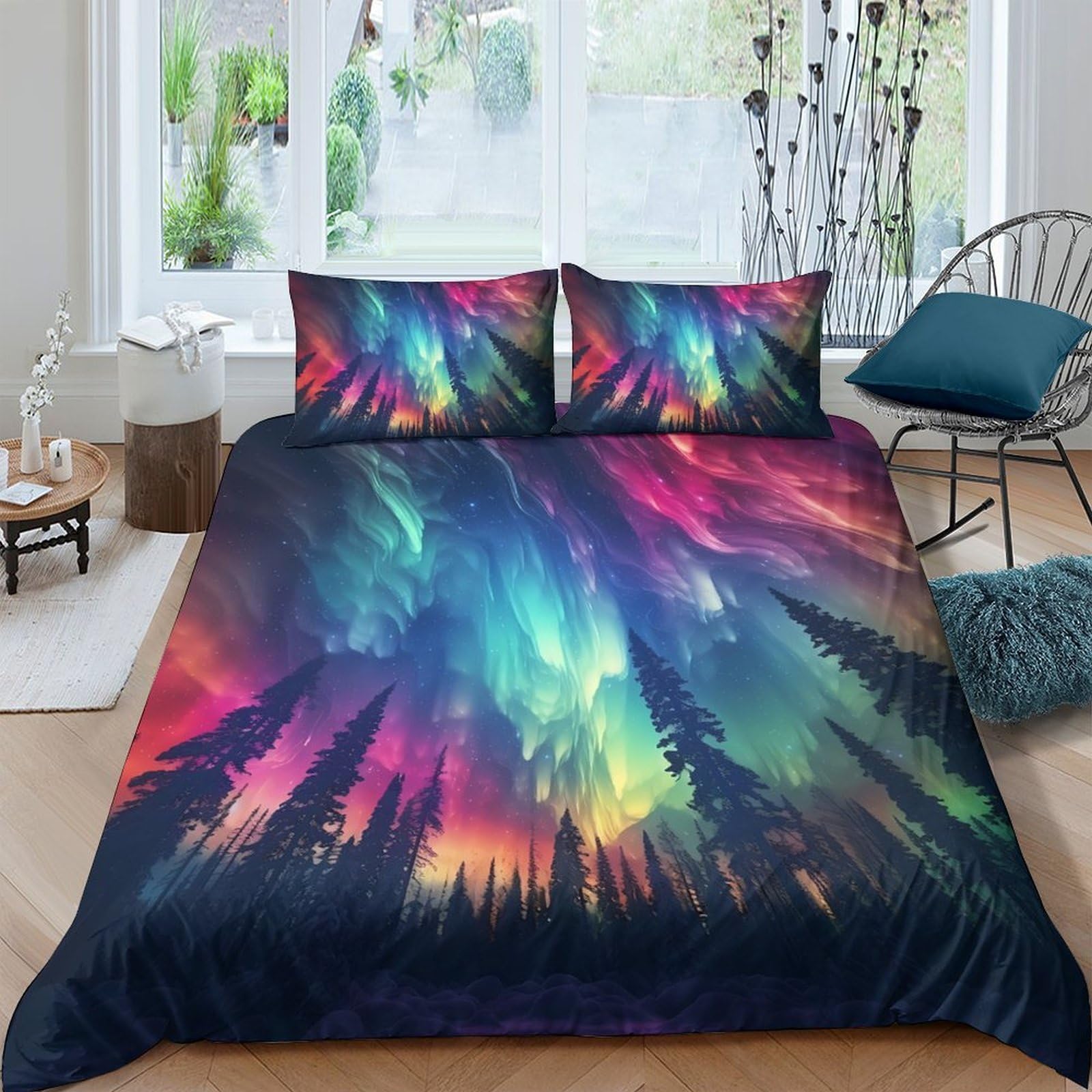 Ctjqhvkz Style-7 3D Printed Aurora Borealis Fitted Sheet Microfiber Colourful Forest Mattress Cover Bedroom Dorm Decor Easy Care Single（135X200cm）