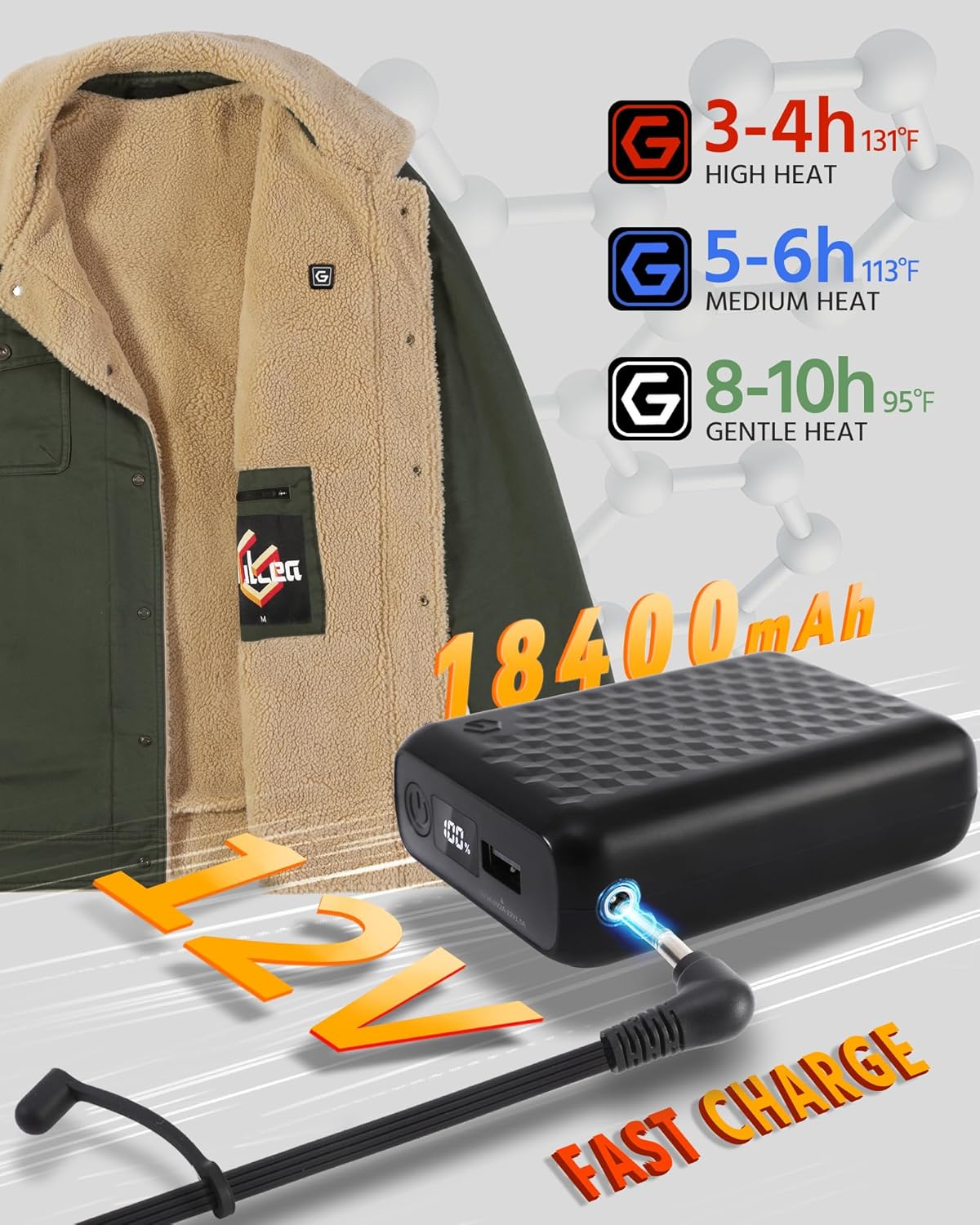 Wulcea Graphene Heated Jacket for Men 12V Fast Charge 18400mAh Large Capacity - Image 3