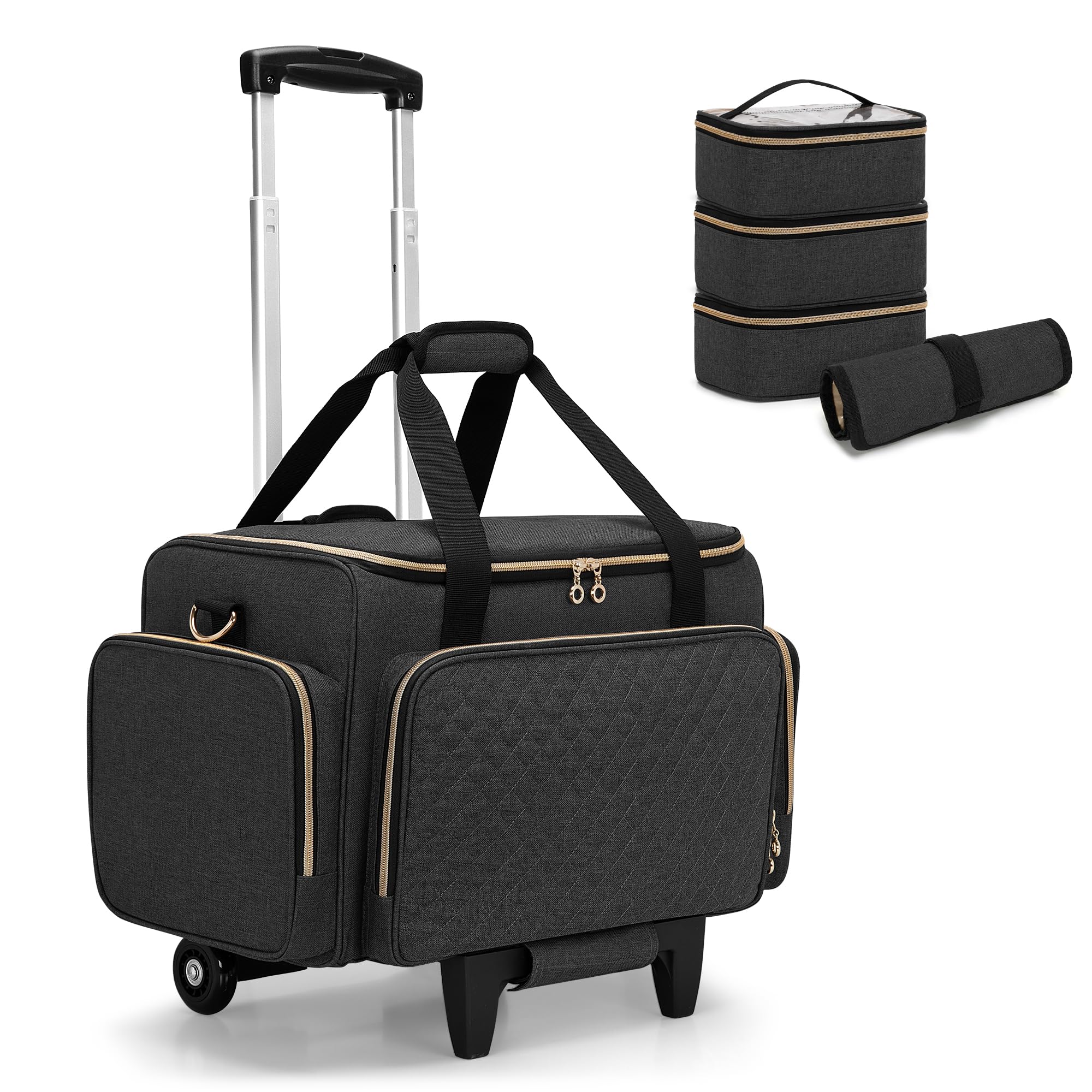 Luxja Custodia per il Trucco con Ruote, Borsa per il Trucco con 3 Custodie Rimovibili e 1 Borsa per Pennelli per Trucco, Borsa per il Trucco da Viaggio (Brevettato), Nero