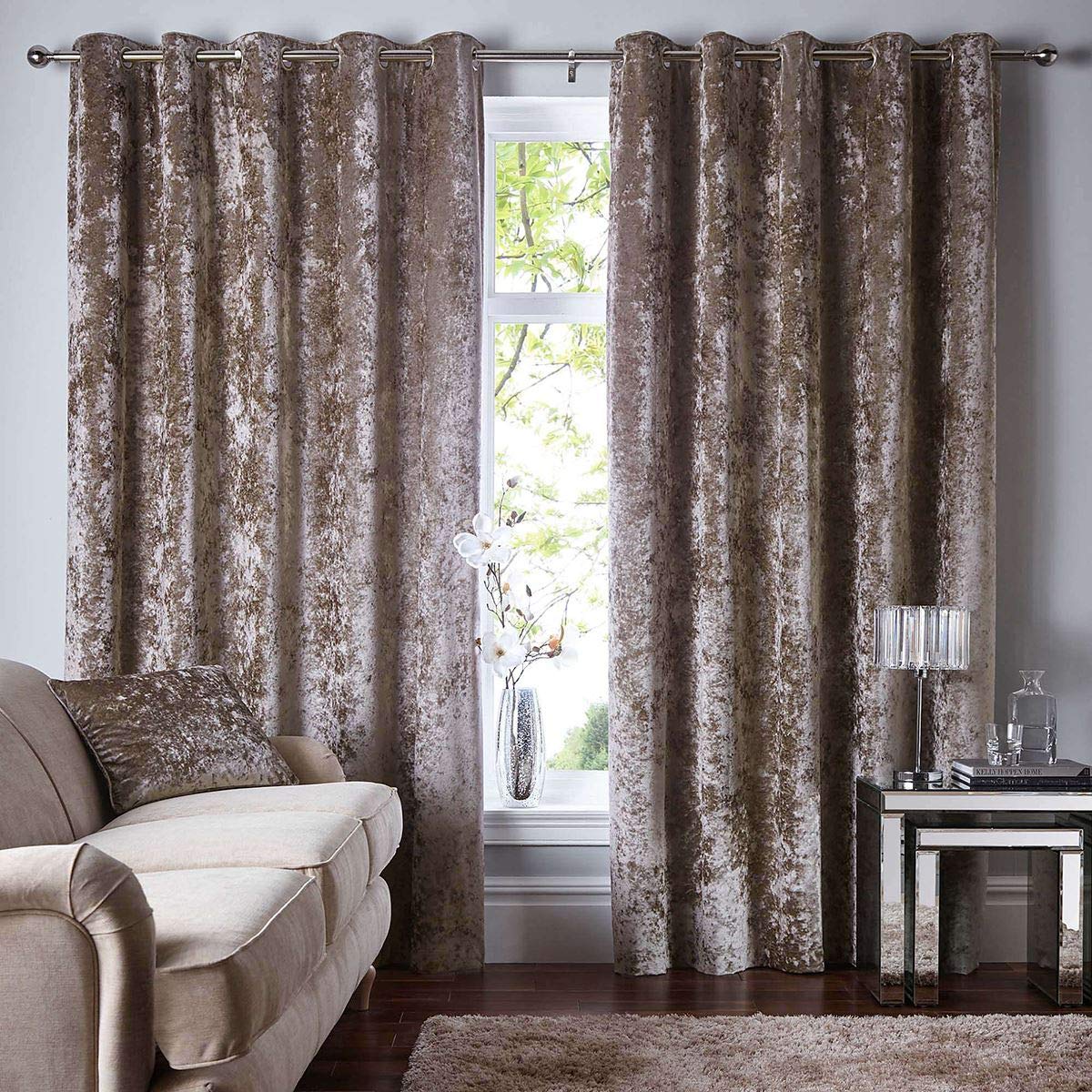 Luxury Pair of Thermal Soft Crushed Velvet Velour Eyelet Top Fully Lined Curtains + Tie-Backs By CosyWinks® Mink 66x54