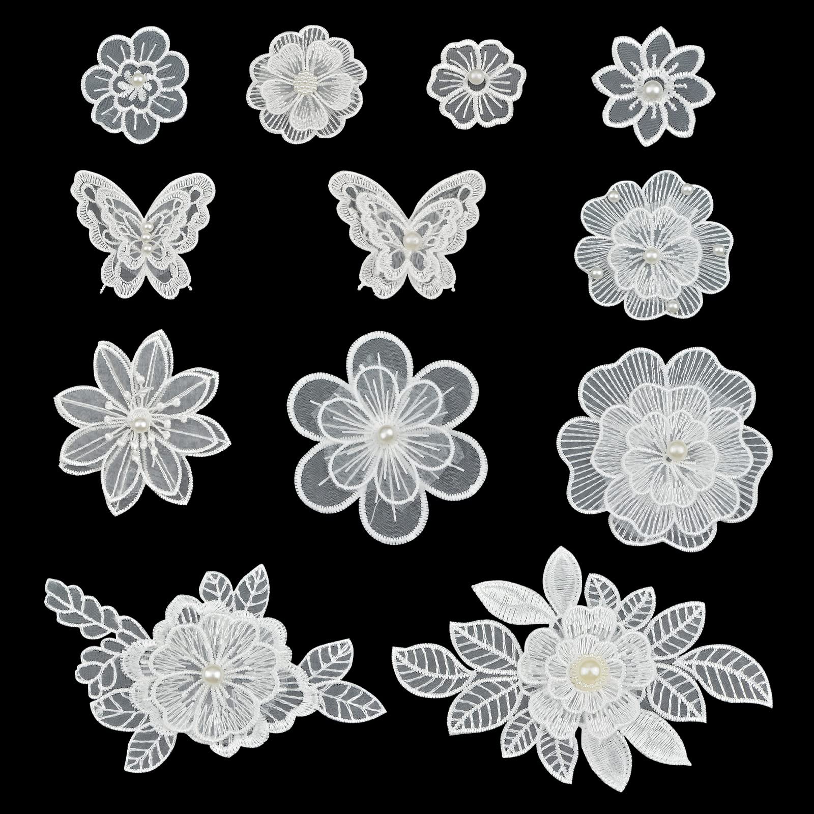 12Pcs Lace Flower Embroidery Applique, White Organza Sew On Trim Flower Patch for Wedding Bridal Dress DIY Sewing Craft Clothes Hair Ornament