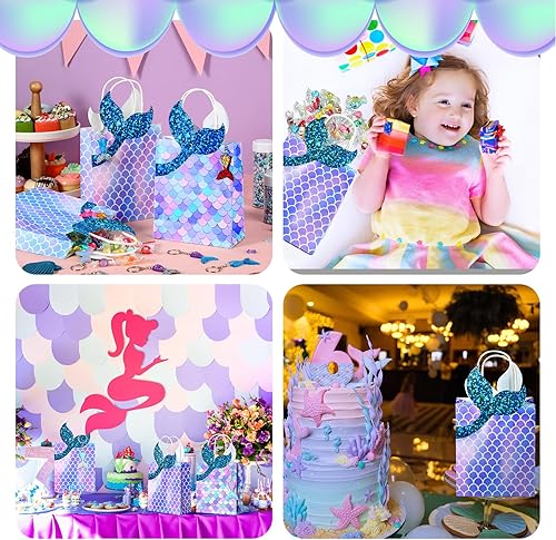 Miniatura 6 de Juego de 32 bolsas de recuerdo de fiesta de sirena, 16 paquetes de bolsas de regalo de cola de sirena, 16 llaveros de cola de sirena, bolsas de