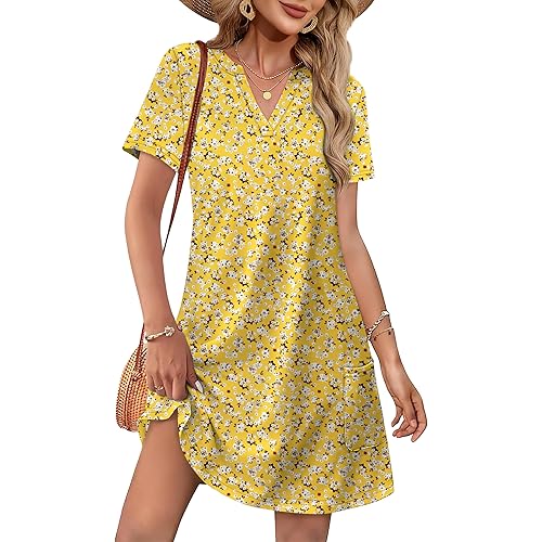 WIHOLL Summer Dresses for Women Casual V Neck Wedding Guest Dress Hawaiian Midi Dress Fashion Beach Vacation Clothes