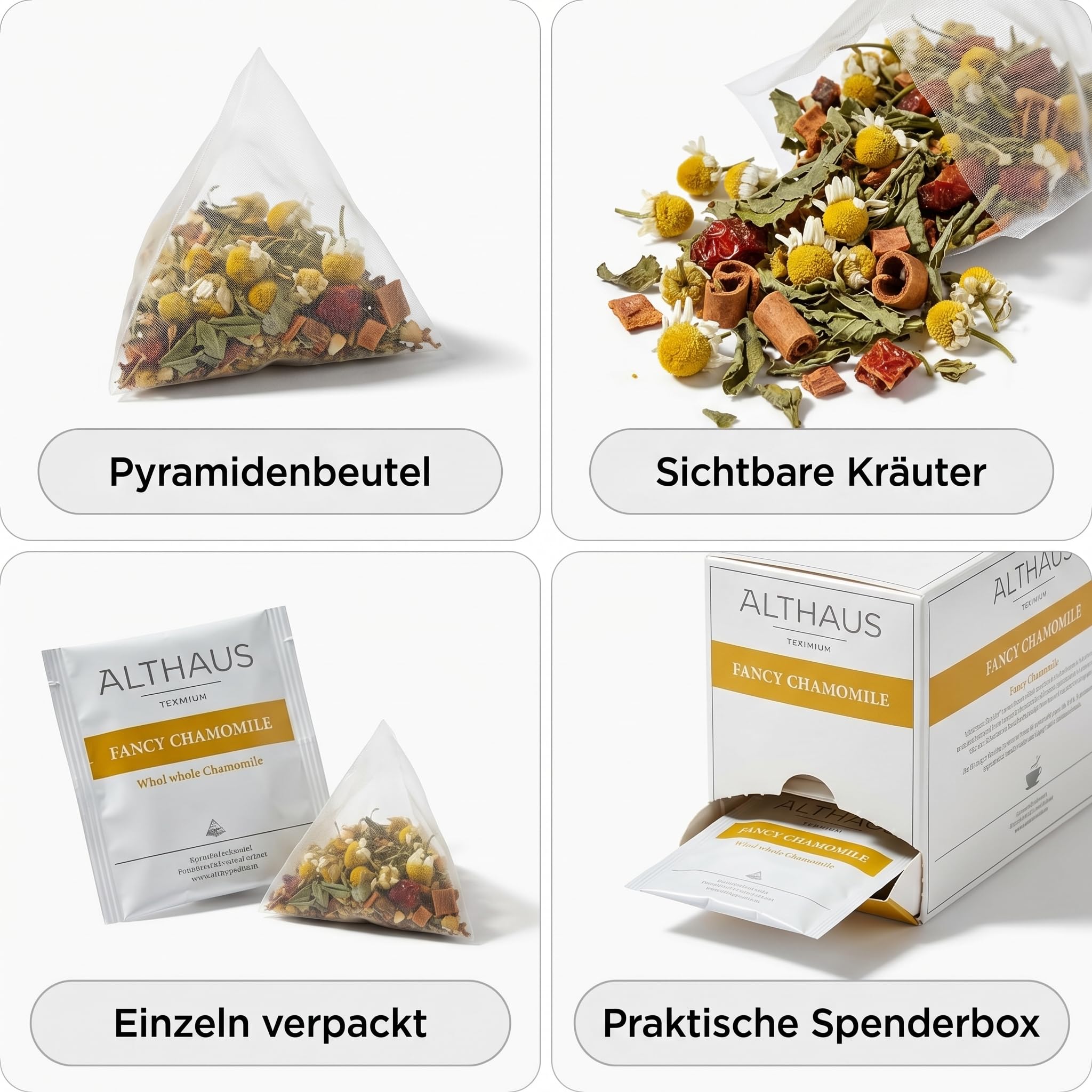 Althaus Kamillentee Fancy Chamomile, 4 Packungen mit je 15 Beuteln, Loser Tee in Pyramidenbeutel