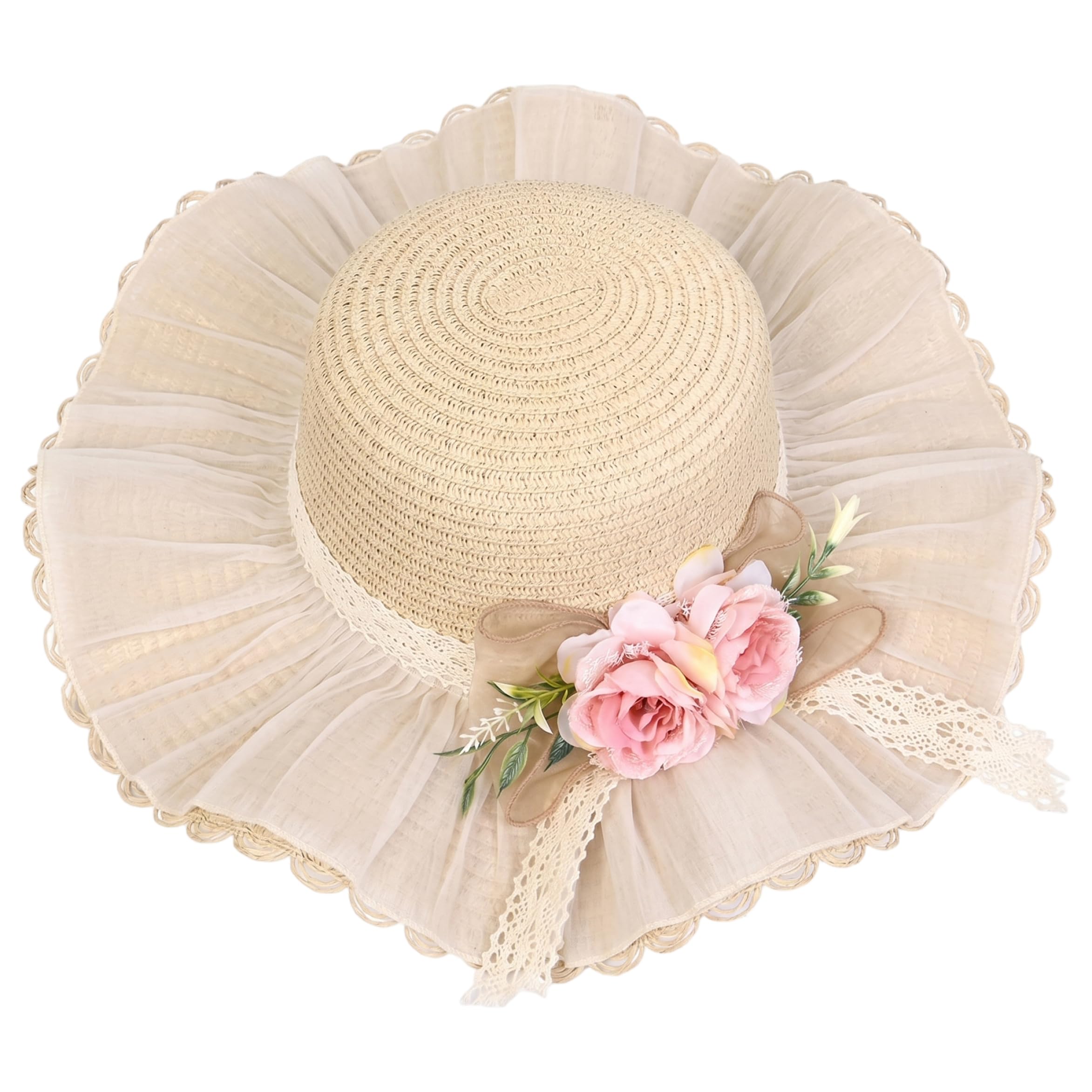 Cappello di Paglia da Donna, Cappello da Sole in Paglia, Completo da Spiaggia Vintage da Donna con Finiture in Pizzo e Fiori, Elegante per Viaggi, Spiaggia, Esterno, Beige
