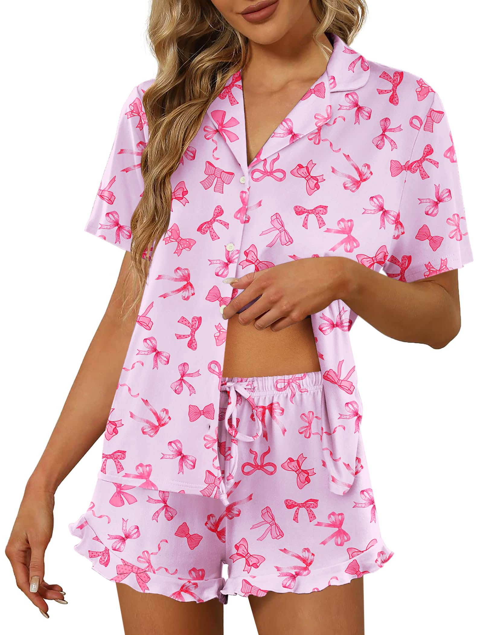 Ekouaer Pajamas Set for Women Short Sleeve Sleepwear Button Down Ruffle Pjs | Soft Pjs Shorts Set, Notch Collar, Lounge Sets for Sleep, Lounge, Wedding, Bridal Party