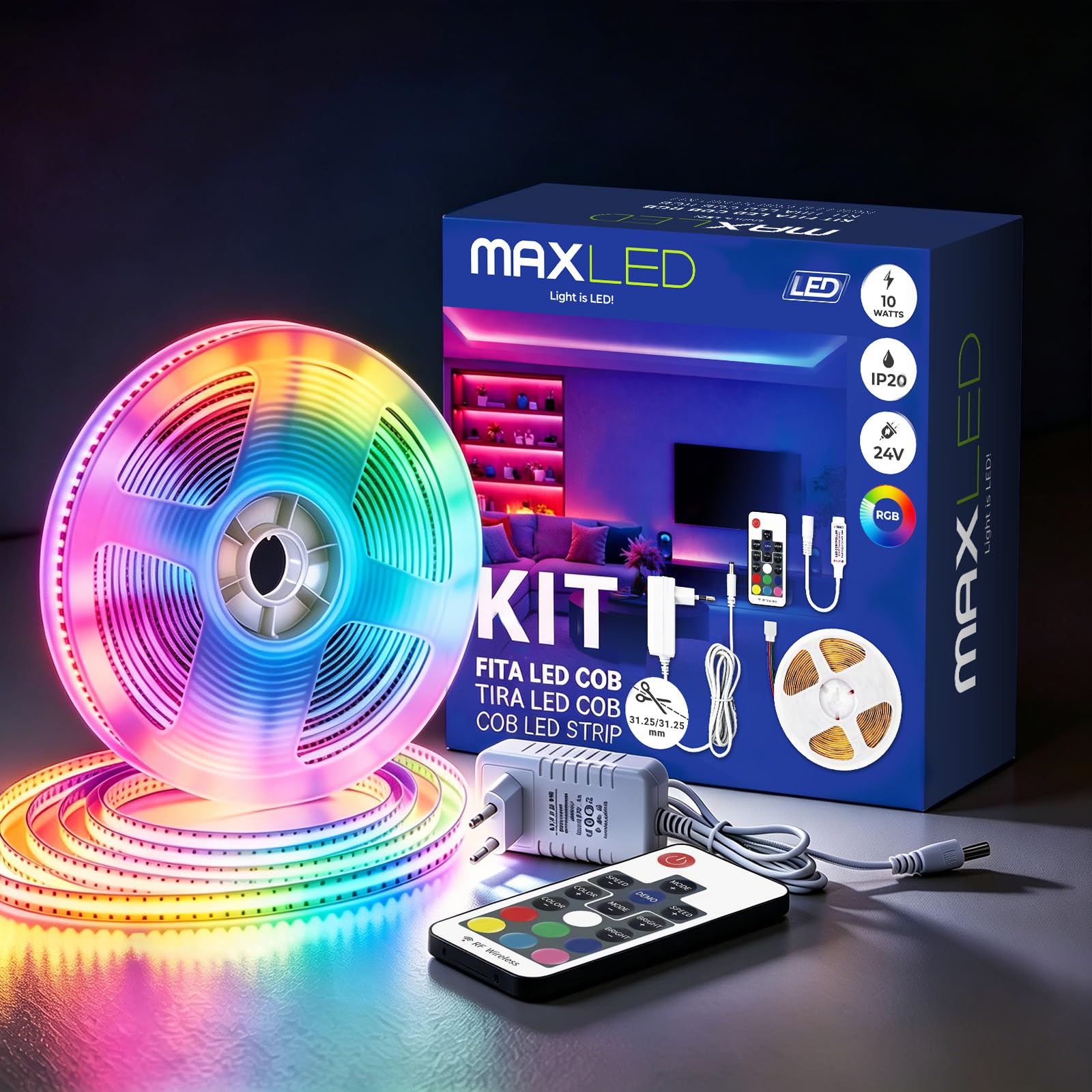 Taśma LED COB 24V 5M RGB z Pilotem Zdalnego Sterowania RF i Zasilaczem 576LED/m IP20 CRI90+ Elastyczna Samoprzylepna Taśma LED do Kuchnia Domu Lustra Podświetlenie TV DIY Deko