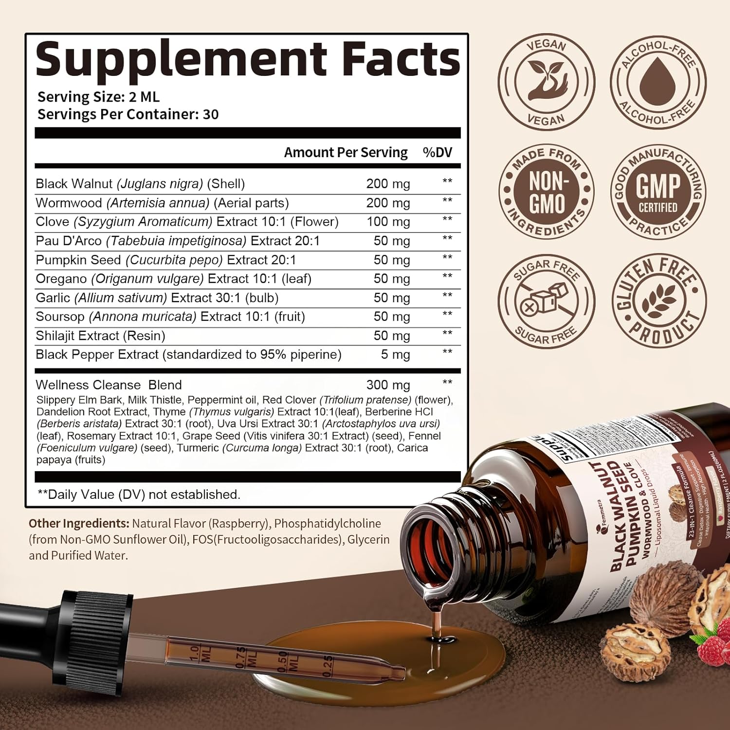 (2 Pack) Black Walnut Wormwood Clove Cleanse for Humans Drops, 23-IN-1 Gut Health Support Supplement with Pumpkin Seed, PAU D'Arco, Oil of Oregano etc for Elimination Detox, Raspberry Flavor, 4 FL OZ