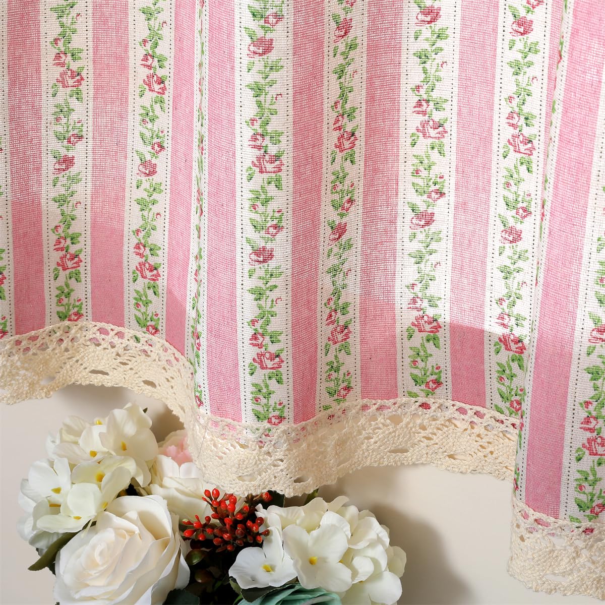 Moslovstar Farmhouse Cotton Linen Tier Curtain 24 Inch Long Elegant Floral Lace Window Valance Kitchen Bathroom Short Curtain, 1 Panel, Pink Vine Flower