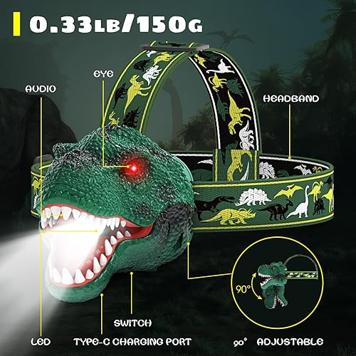Miniatura 9 de Dysaim Linterna frontal recargable de dinosaurio T-Rex para niños y lámpara LED para la cabeza, linterna de equipo de campamento, accesorios de