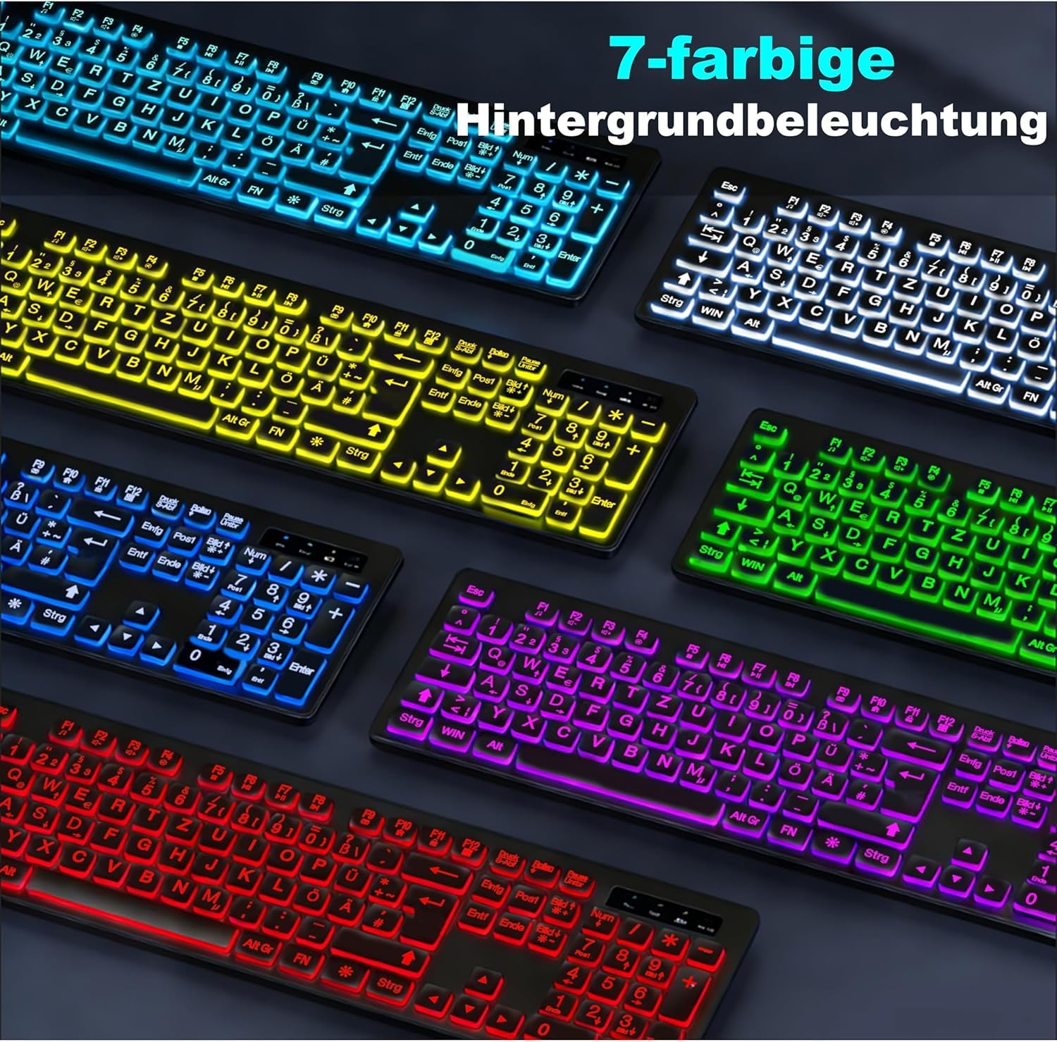 Tastatur-Maus-Set kabellos, QWERTZ, große Schrift, 7 Lichtfarben