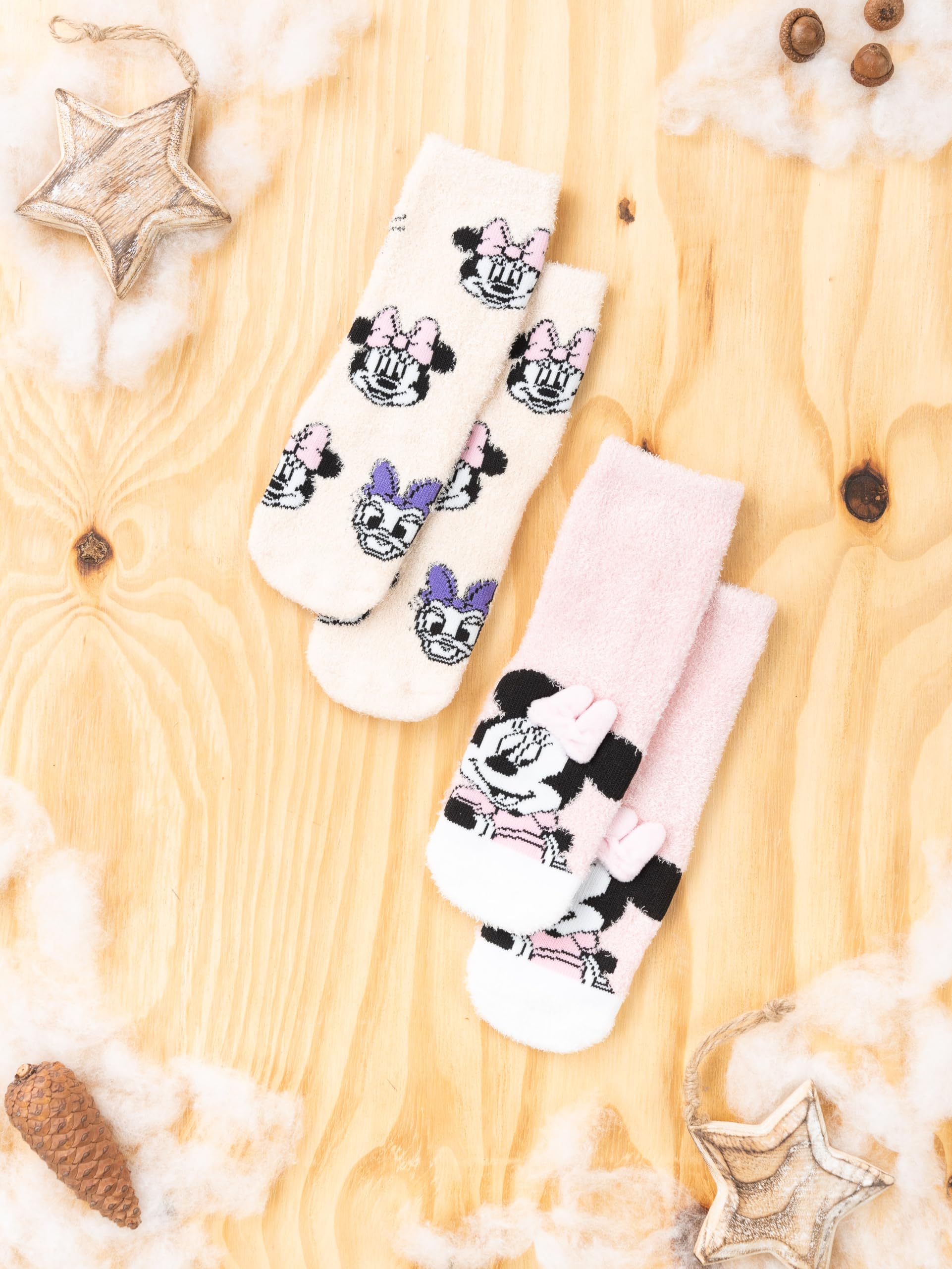 Disney Minnie Mouse 3D ABS Kuschelsocken für Mädchen - Flauschige Kinder Wintersocken Stoppersocken antirutsch Socken Rosa/Beige (2er Pack)