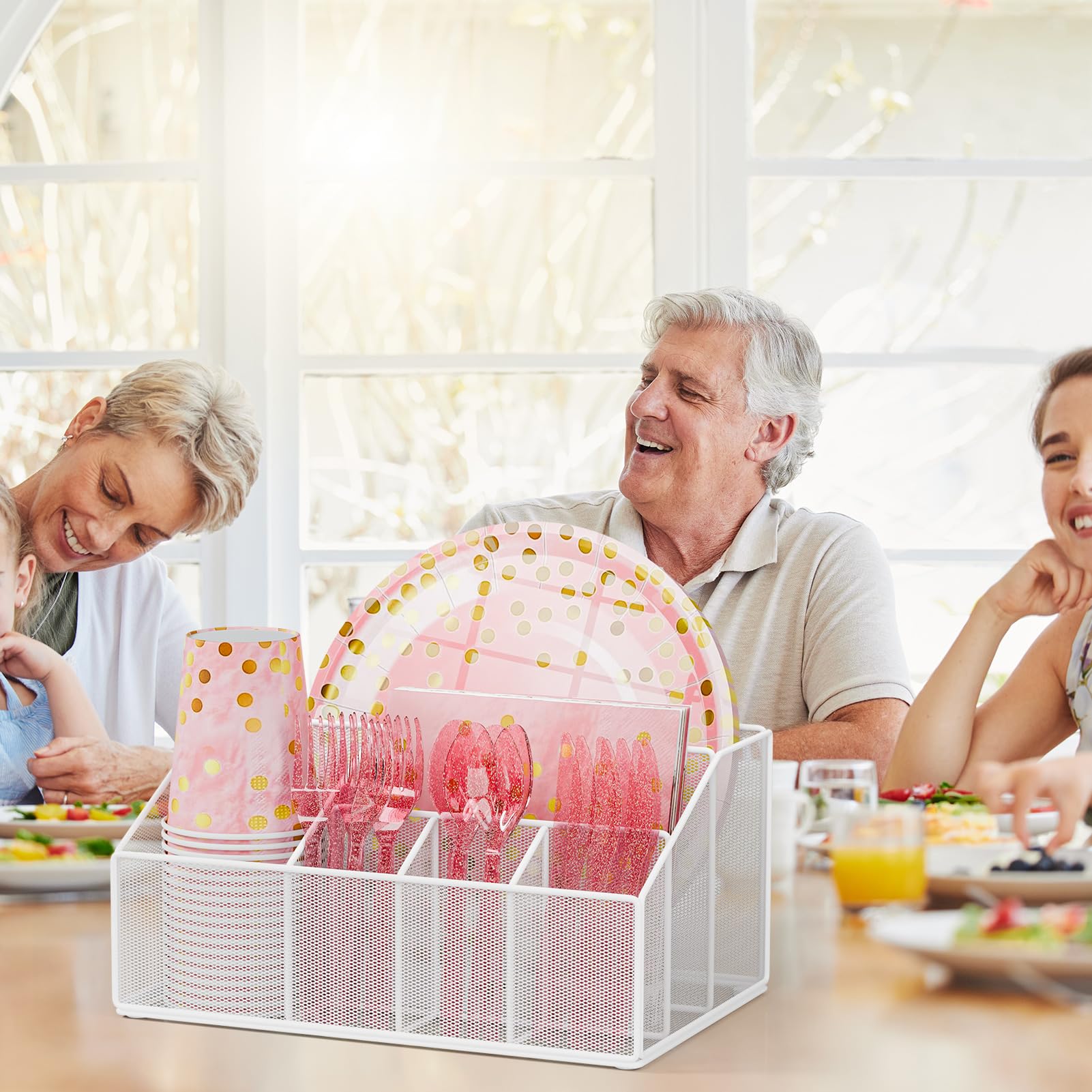 Dispensador de platos de papel de graduación de metal, soporte desechable para utensilios de cocina, para fiestas, servilletas, cubiertos y cubiertos para encimera de cocina, color blanco