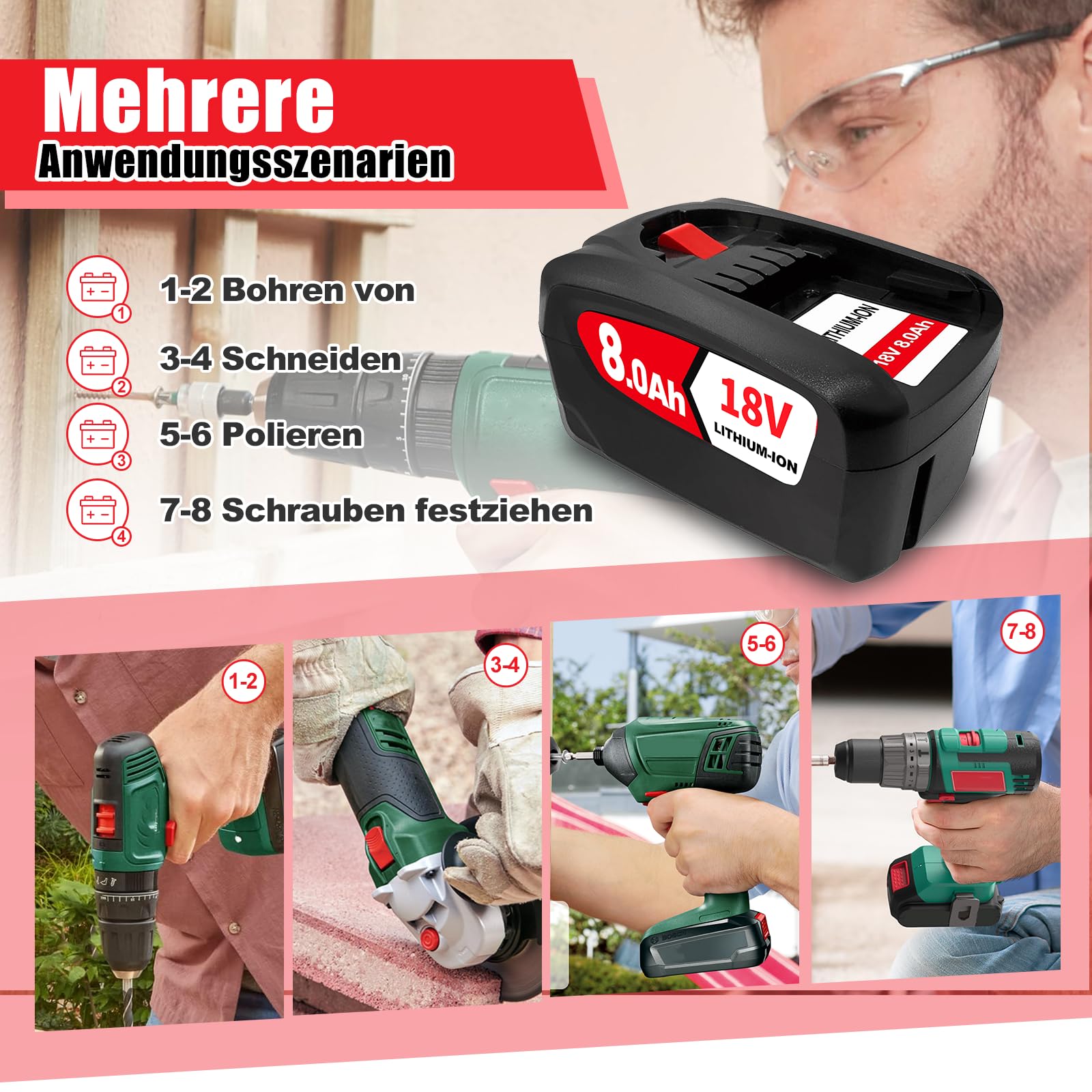 2PCS 18V 8.0Ah Kompatibel mit für Bosch 18V Akku Ersatz für Bosch Akku PBA PSB PSR Li-ion Home and Garden AL1810 CV, AL1815 CV, AL1830 CV, AL1880 CV