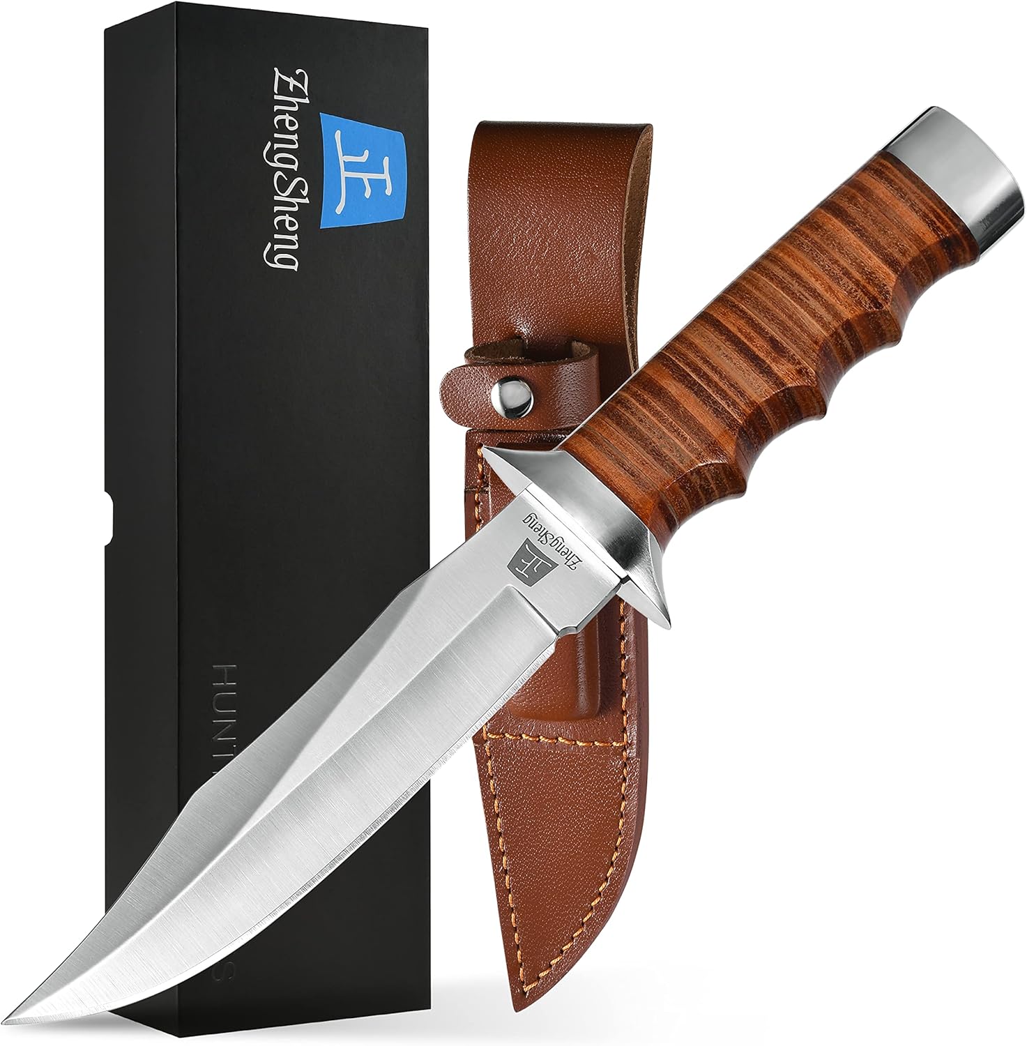 5.8" Fixed Blade Hunting Knife- Genuine Leather Handle Bowie Knives with Sheath Straight Edge for Camping, Hiking, Survival